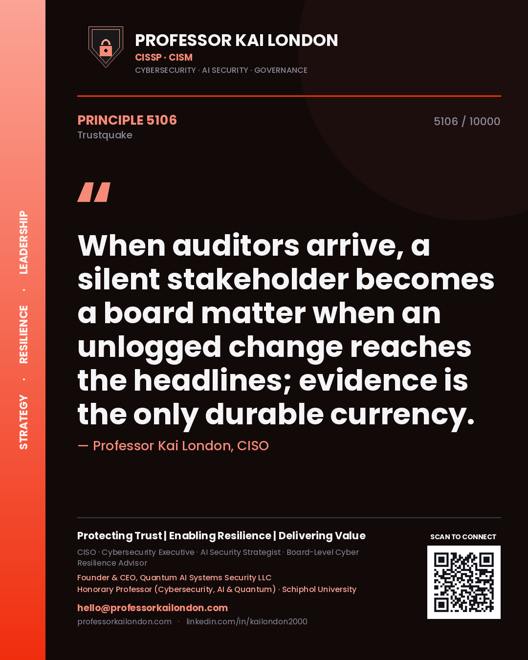 Quote card by Professor Kai London reading 'When auditors arrive, a silent stakeholder becomes a board matter when an unlogged change reaches the headlines; evidence is the only durable currency.'. From the book Trustquake.