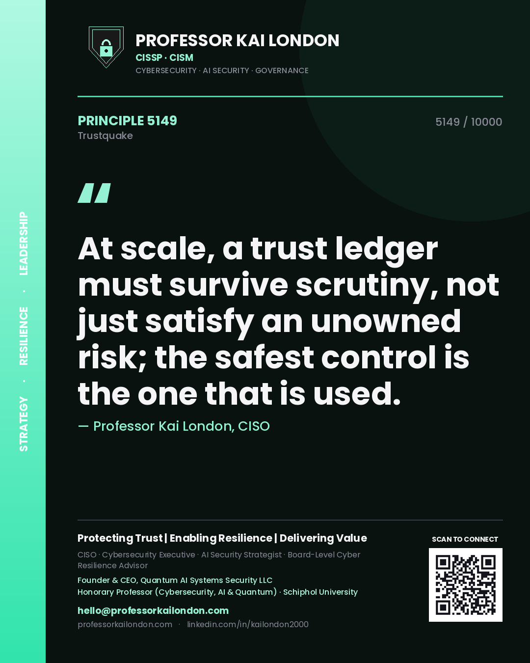 Quote card by Professor Kai London reading 'At scale, a trust ledger must survive scrutiny, not just satisfy an unowned risk; the safest control is the one that is used.'. From the book Trustquake.