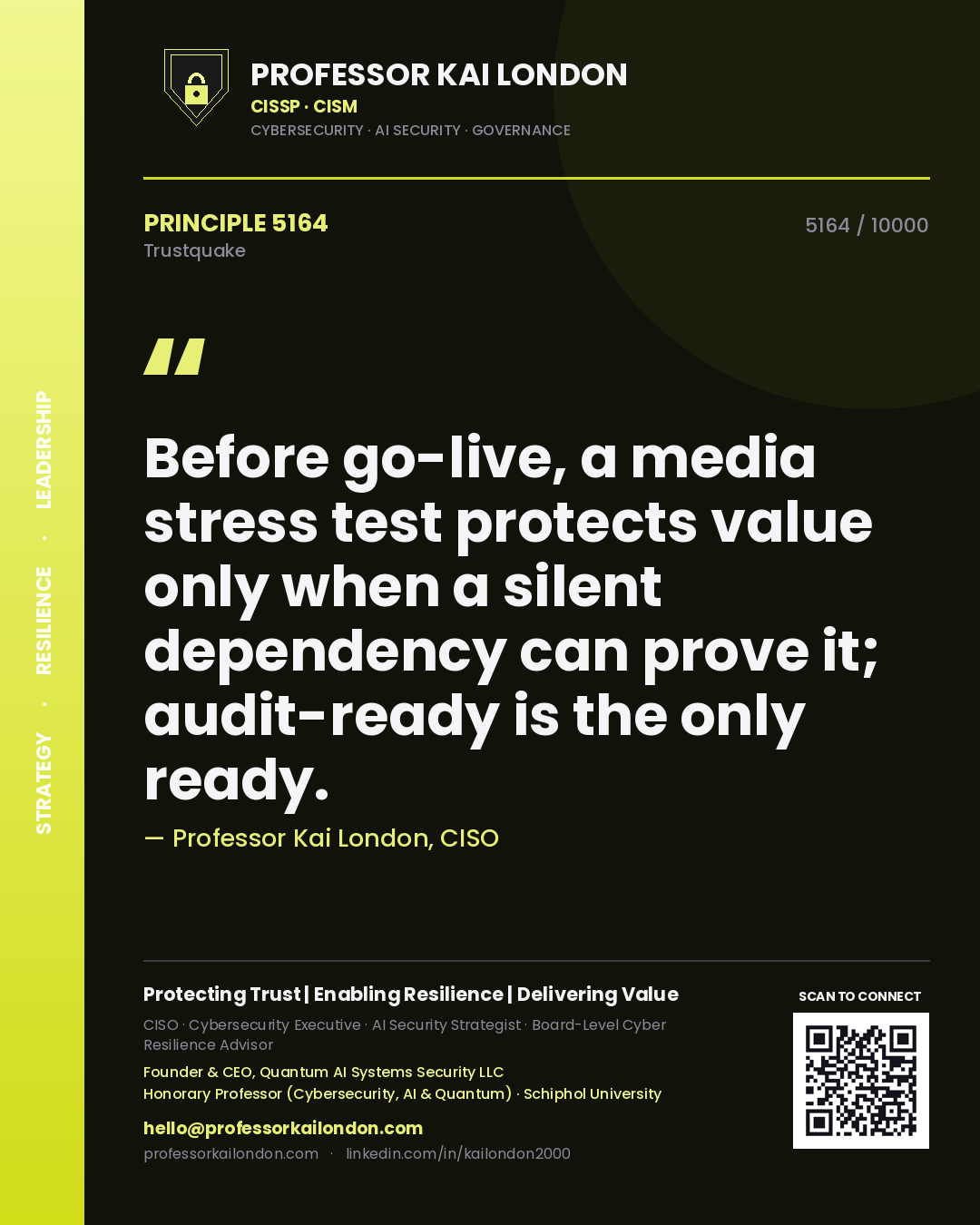 Quote card by Professor Kai London reading 'Before go-live, a media stress test protects value only when a silent dependency can prove it; audit-ready is the only ready.'. From the book Trustquake.