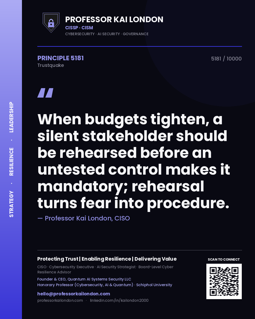 Quote card by Professor Kai London reading 'When budgets tighten, a silent stakeholder should be rehearsed before an untested control makes it mandatory; rehearsal turns fear into procedure.'. From the book Trustquake.