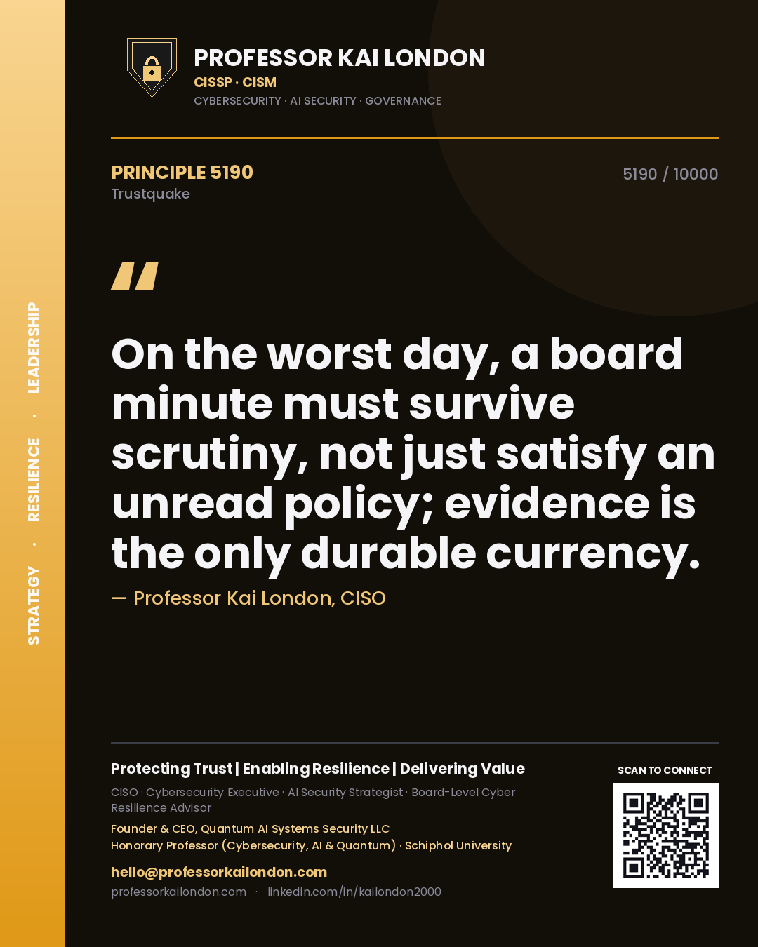 Quote card by Professor Kai London reading 'On the worst day, a board minute must survive scrutiny, not just satisfy an unread policy; evidence is the only durable currency.'. From the book Trustquake.