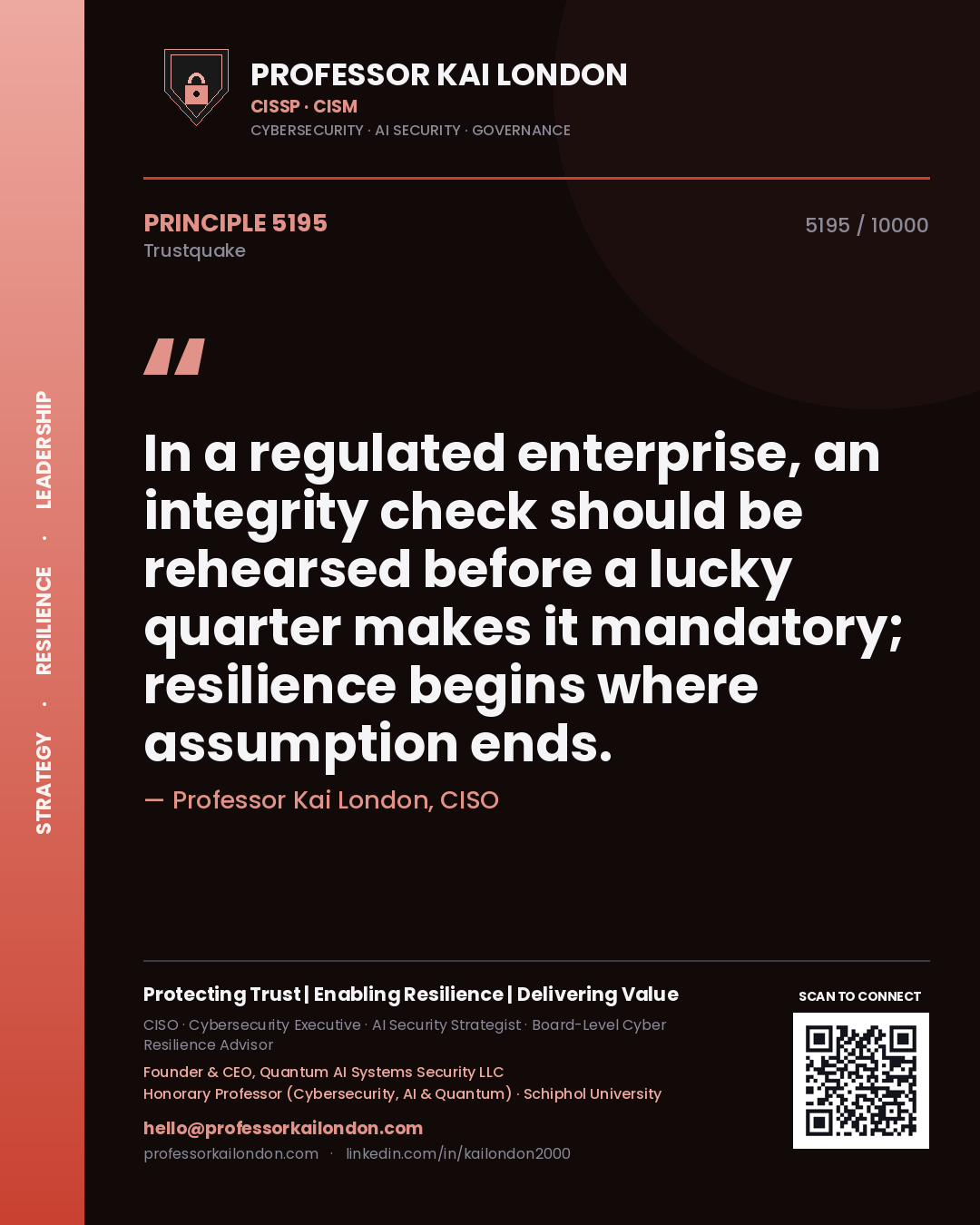Quote card by Professor Kai London reading 'In a regulated enterprise, an integrity check should be rehearsed before a lucky quarter makes it mandatory; resilience begins where assumption ends.'. From the book Trustquake.