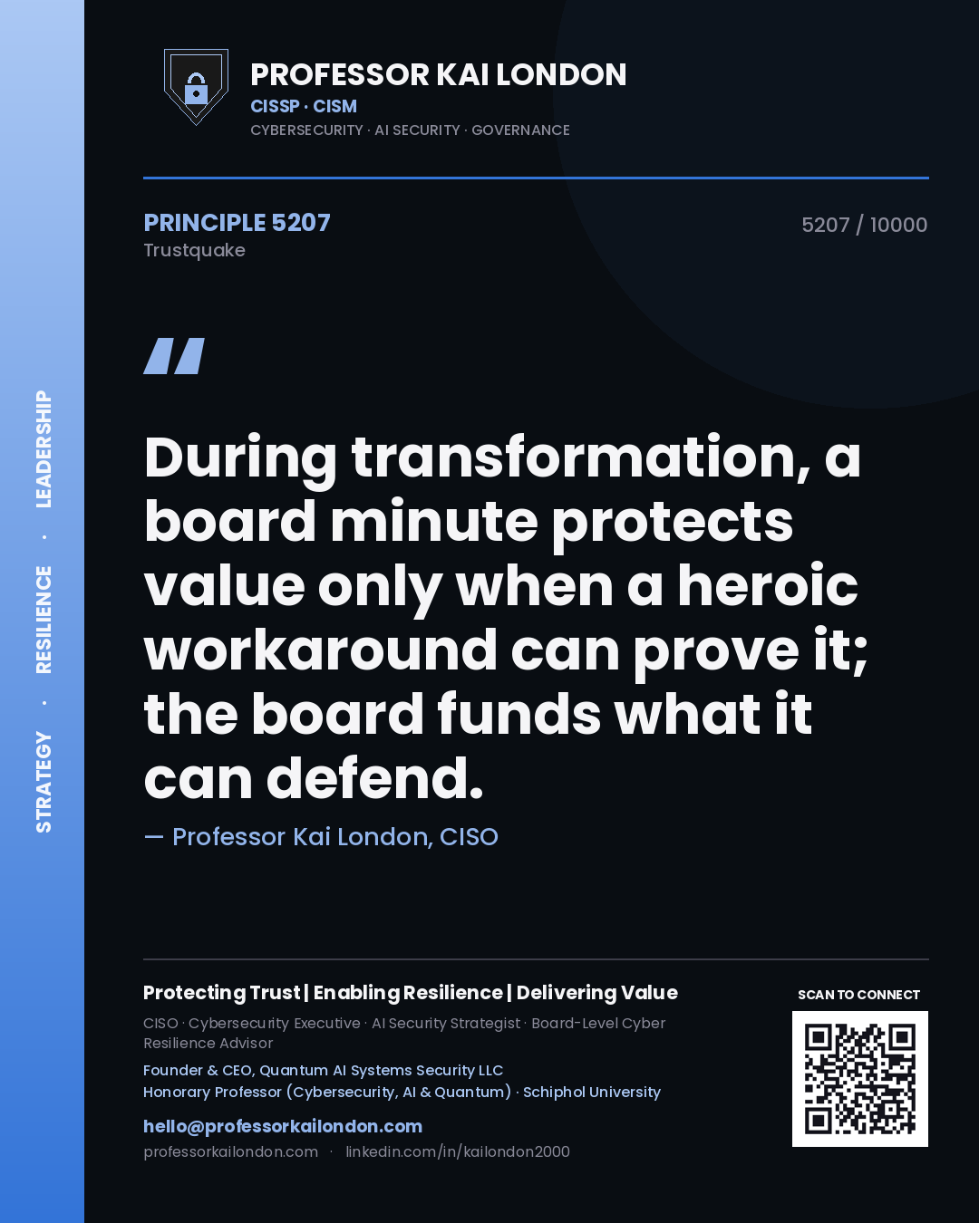 Professor Kai London principle 5207: During transformation, a board minute protects value only when a heroic workaround can prove it; the board funds what it can defend.
