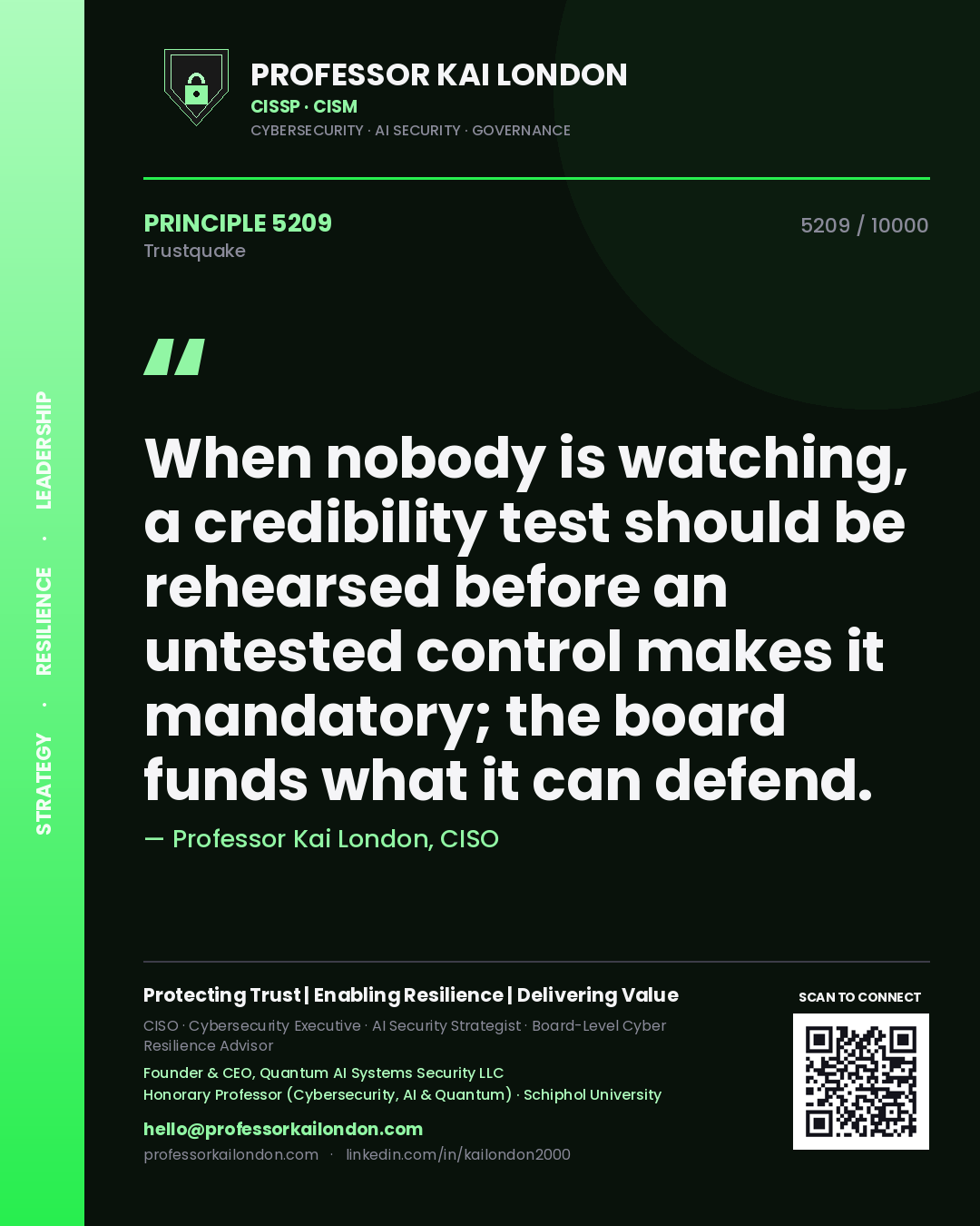 Quote card by Professor Kai London reading 'When nobody is watching, a credibility test should be rehearsed before an untested control makes it mandatory; the board funds what it can defend.'. From the book Trustquake.