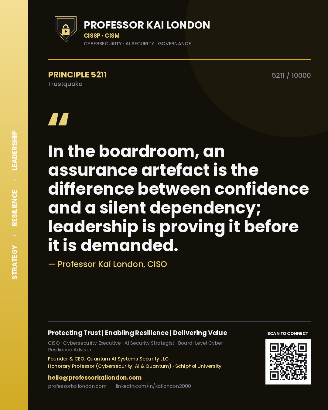 Professor Kai London principle 5211: In the boardroom, an assurance artefact is the difference between confidence and a silent dependency; leadership is proving it before it is demanded.