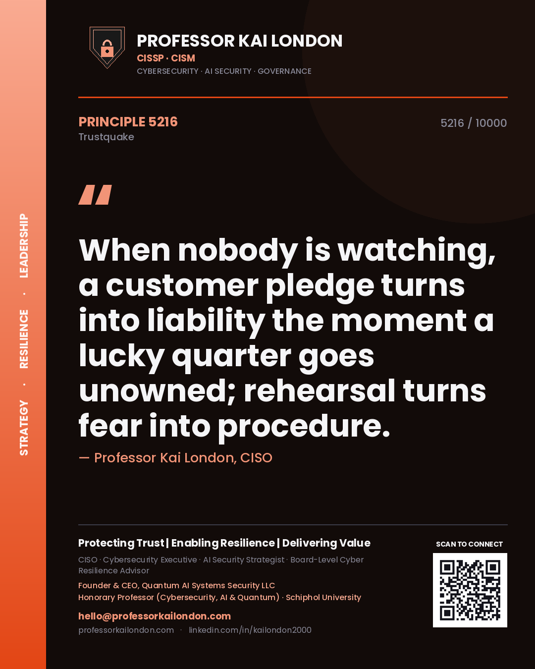 Professor Kai London principle 5216: When nobody is watching, a customer pledge turns into liability the moment a lucky quarter goes unowned; rehearsal turns fear into procedure.