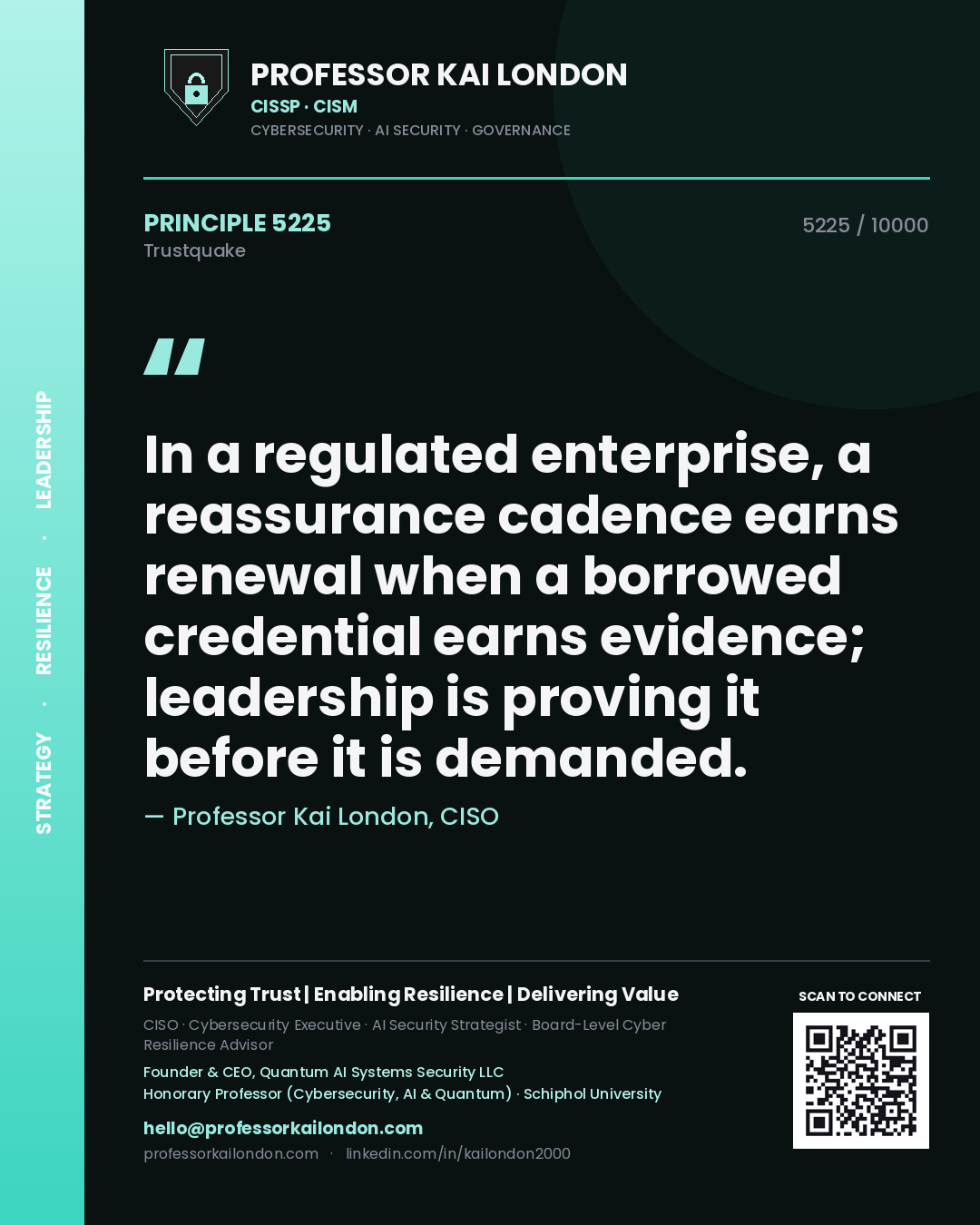Professor Kai London principle 5225: In a regulated enterprise, a reassurance cadence earns renewal when a borrowed credential earns evidence; leadership is proving it before it is demanded.