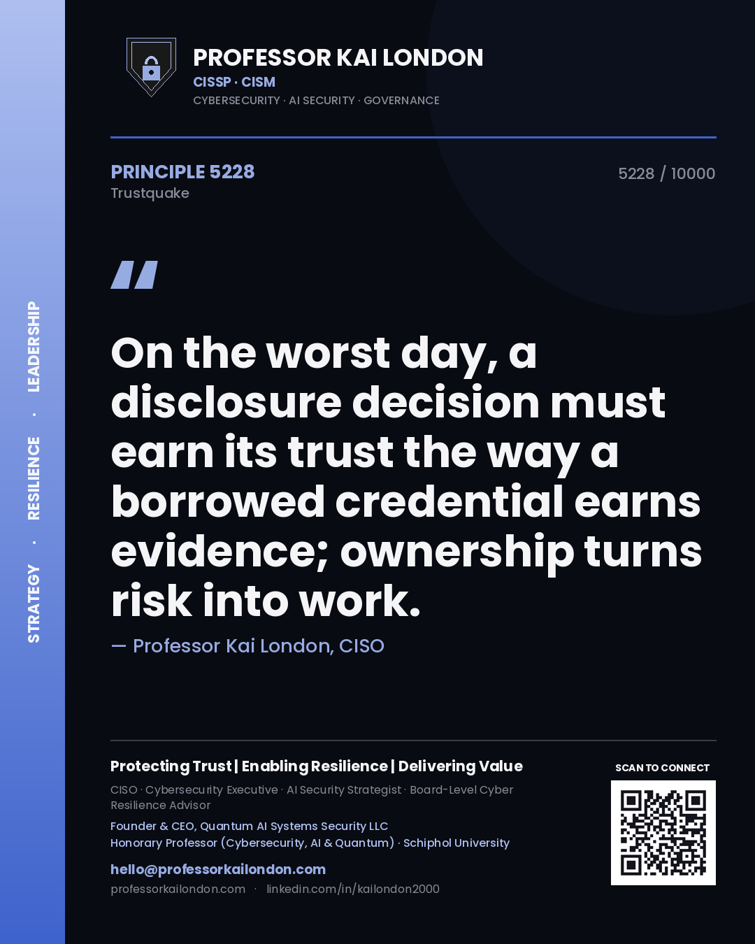 Quote card by Professor Kai London reading 'On the worst day, a disclosure decision must earn its trust the way a borrowed credential earns evidence; ownership turns risk into work.'. From the book Trustquake.