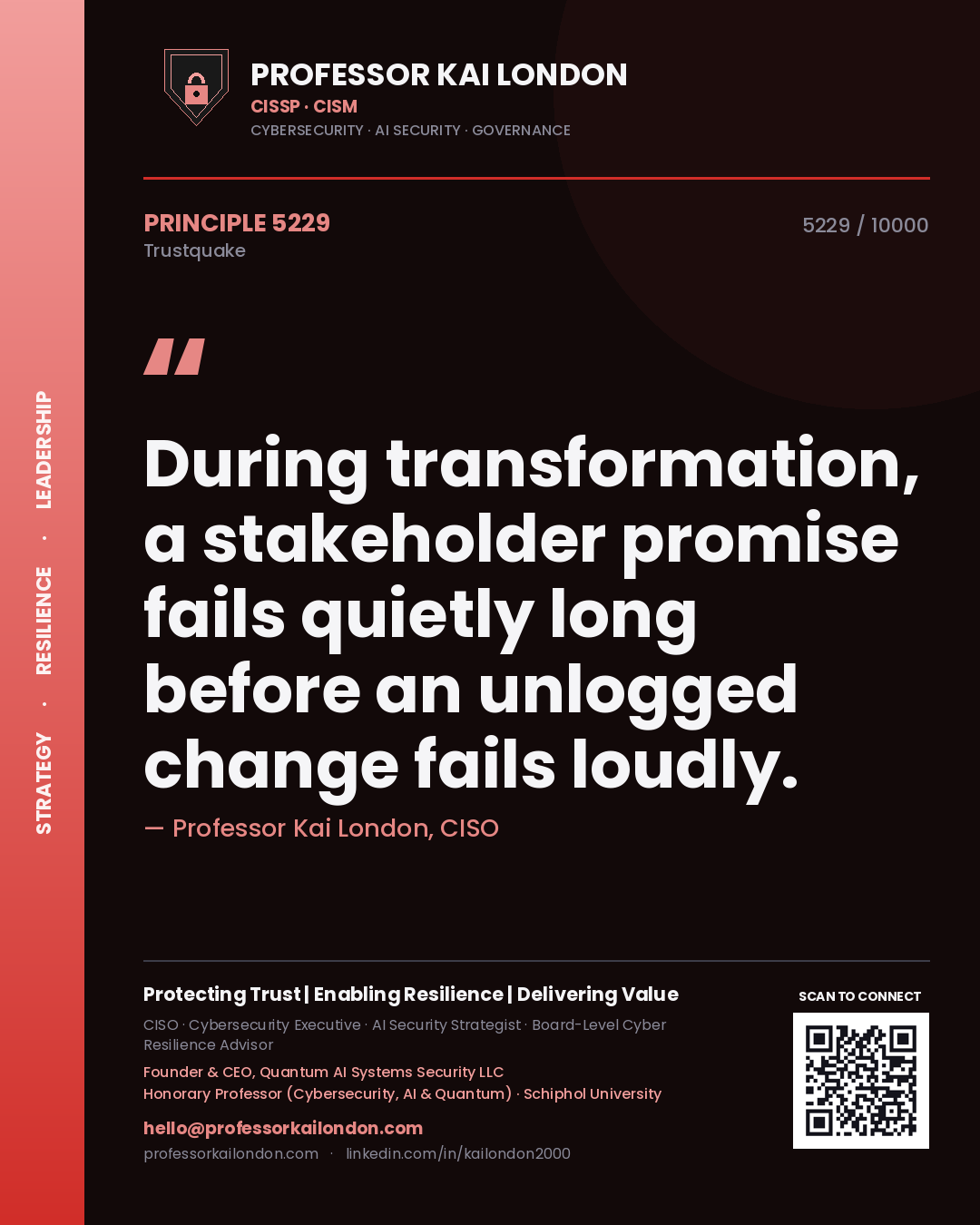 Professor Kai London principle 5229: During transformation, a stakeholder promise fails quietly long before an unlogged change fails loudly.