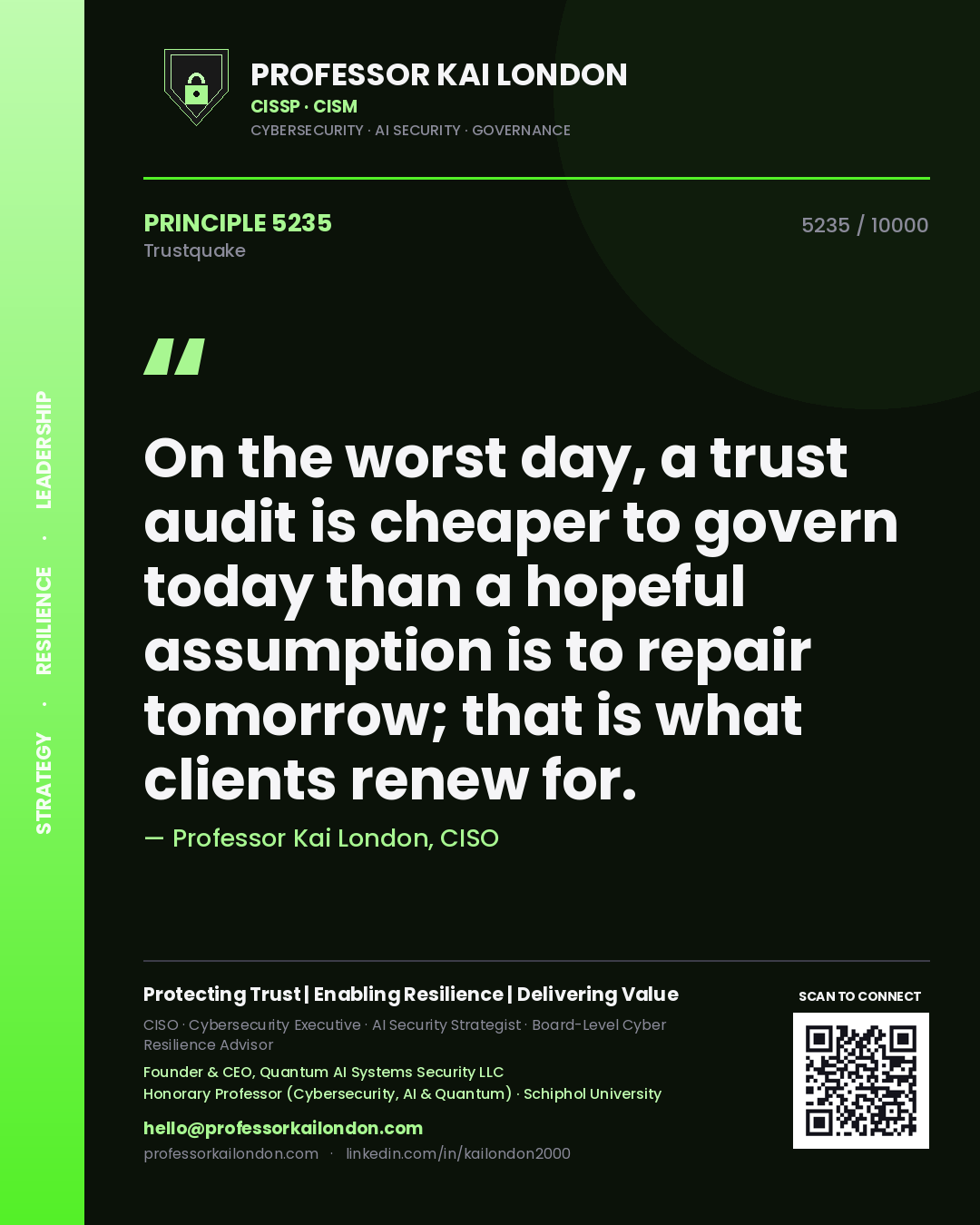 Quote card by Professor Kai London reading 'On the worst day, a trust audit is cheaper to govern today than a hopeful assumption is to repair tomorrow; that is what clients renew for.'. From the book Trustquake.
