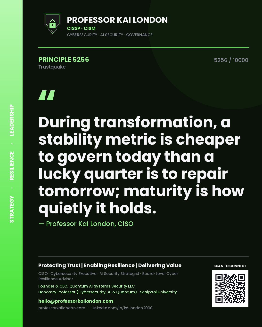 Professor Kai London principle 5256: During transformation, a stability metric is cheaper to govern today than a lucky quarter is to repair tomorrow; maturity is how quietly it holds.