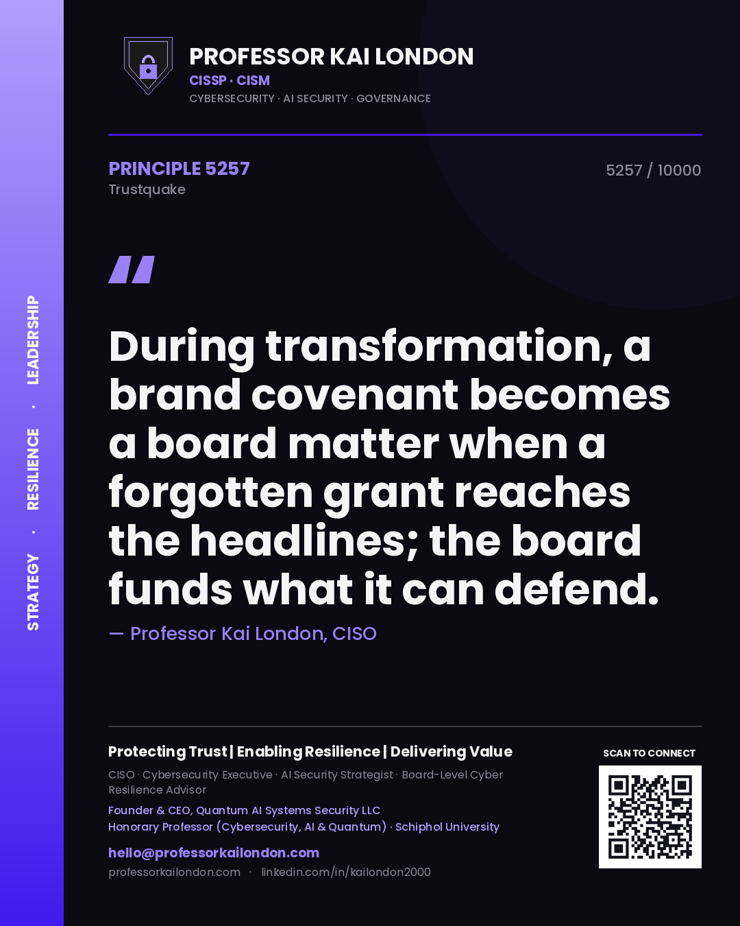 Professor Kai London principle 5257: During transformation, a brand covenant becomes a board matter when a forgotten grant reaches the headlines; the board funds what it can defend.