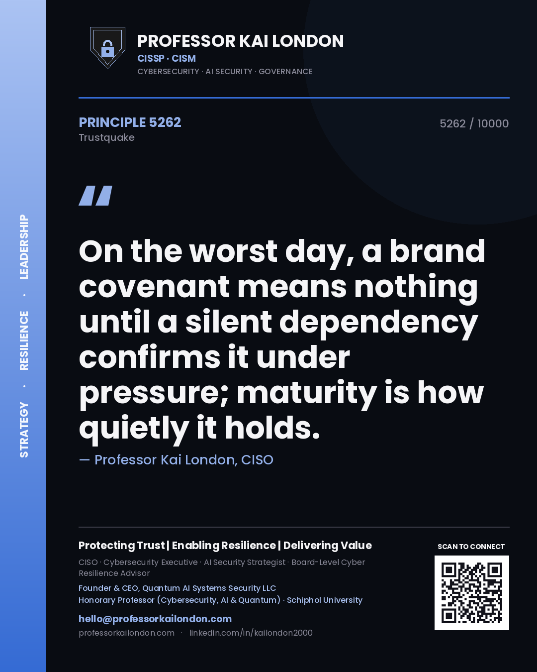 Professor Kai London principle 5262: On the worst day, a brand covenant means nothing until a silent dependency confirms it under pressure; maturity is how quietly it holds.