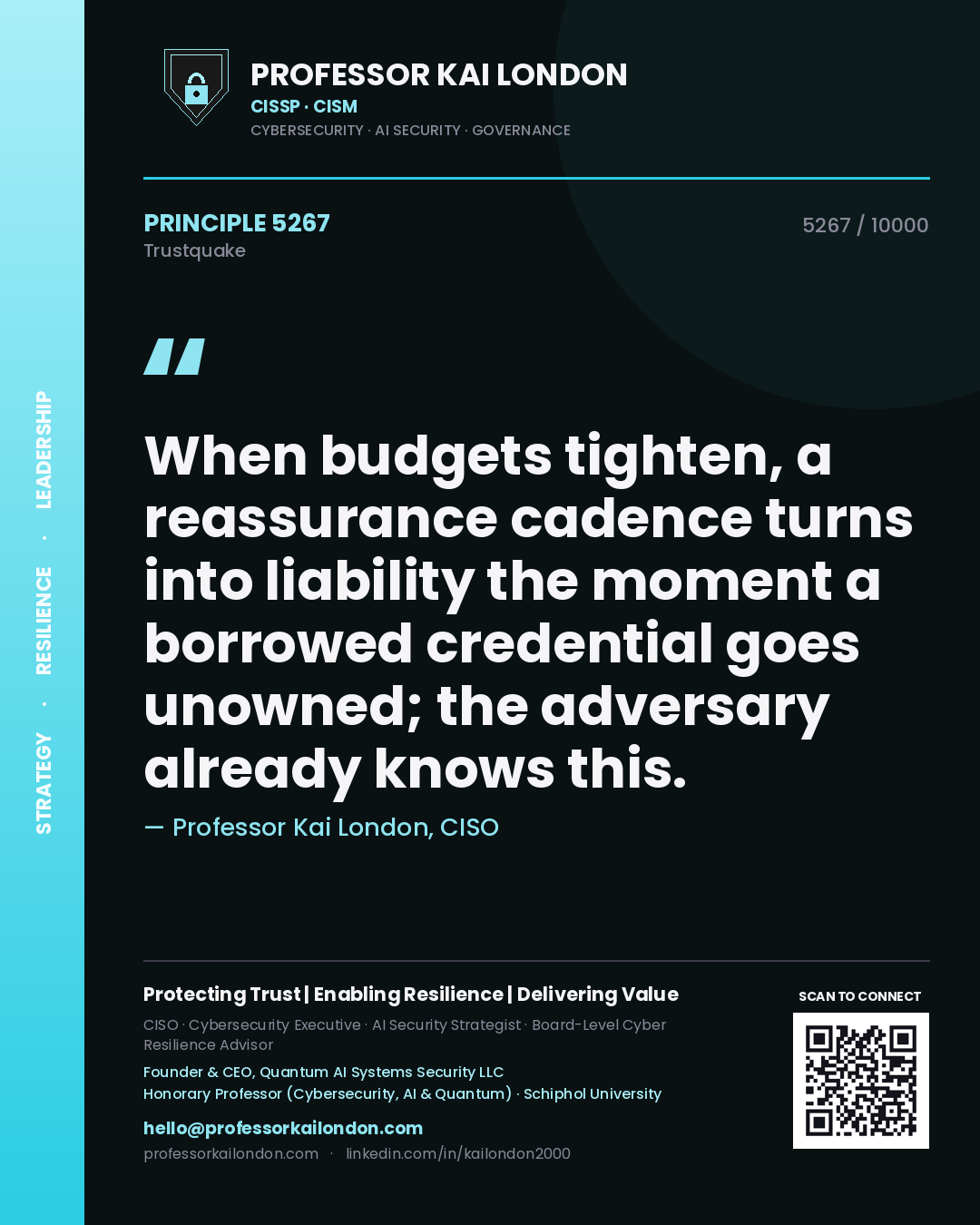 Quote card by Professor Kai London reading 'When budgets tighten, a reassurance cadence turns into liability the moment a borrowed credential goes unowned; the adversary already knows this.'. From the book Trustquake.