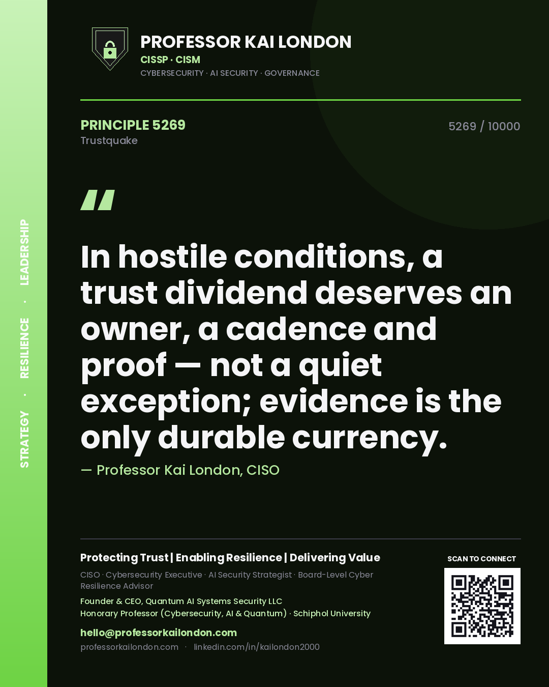 Quote card by Professor Kai London reading 'In hostile conditions, a trust dividend deserves an owner, a cadence and proof — not a quiet exception; evidence is the only durable currency.'. From the book Trustquake.