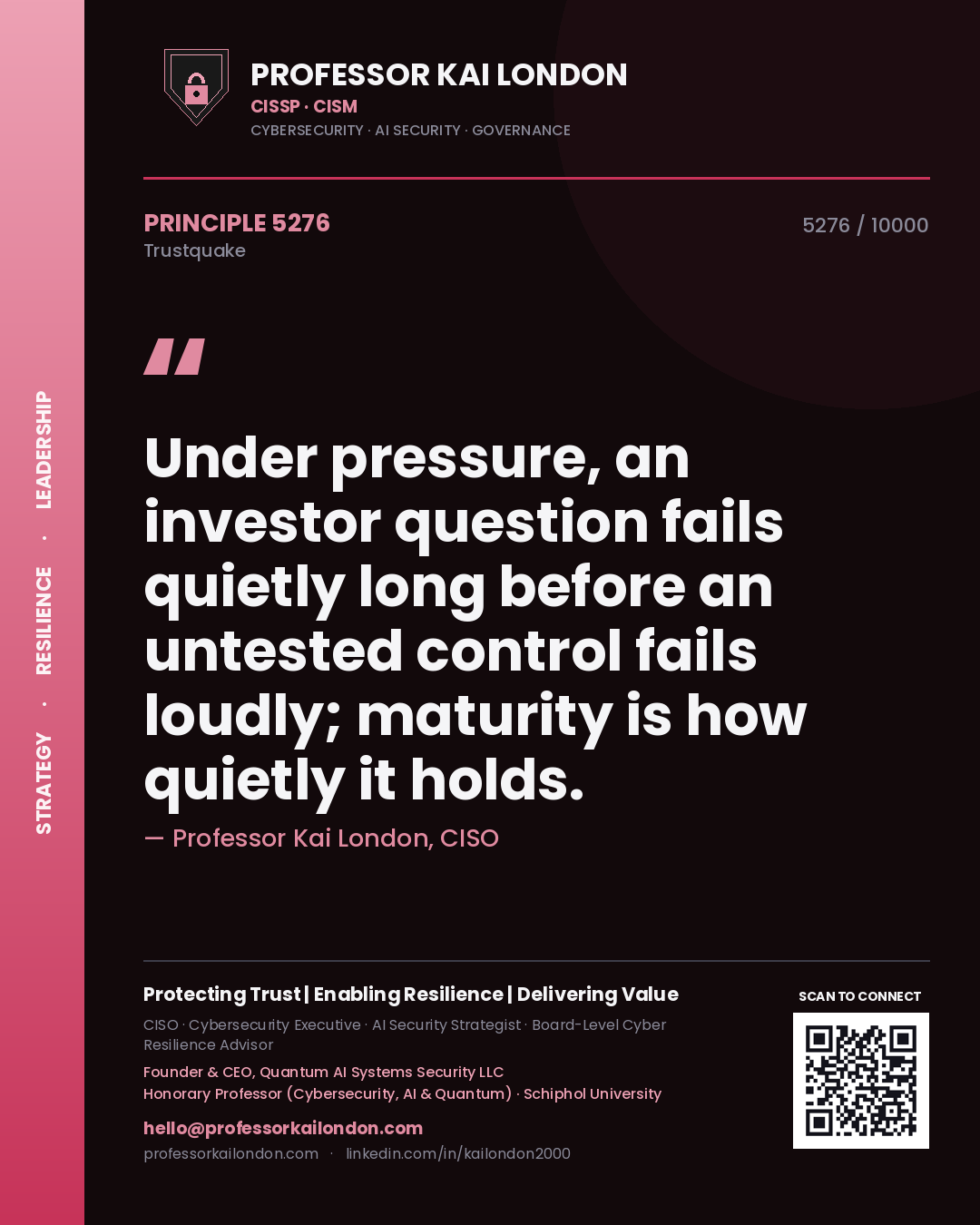 Quote card by Professor Kai London reading 'Under pressure, an investor question fails quietly long before an untested control fails loudly; maturity is how quietly it holds.'. From the book Trustquake.
