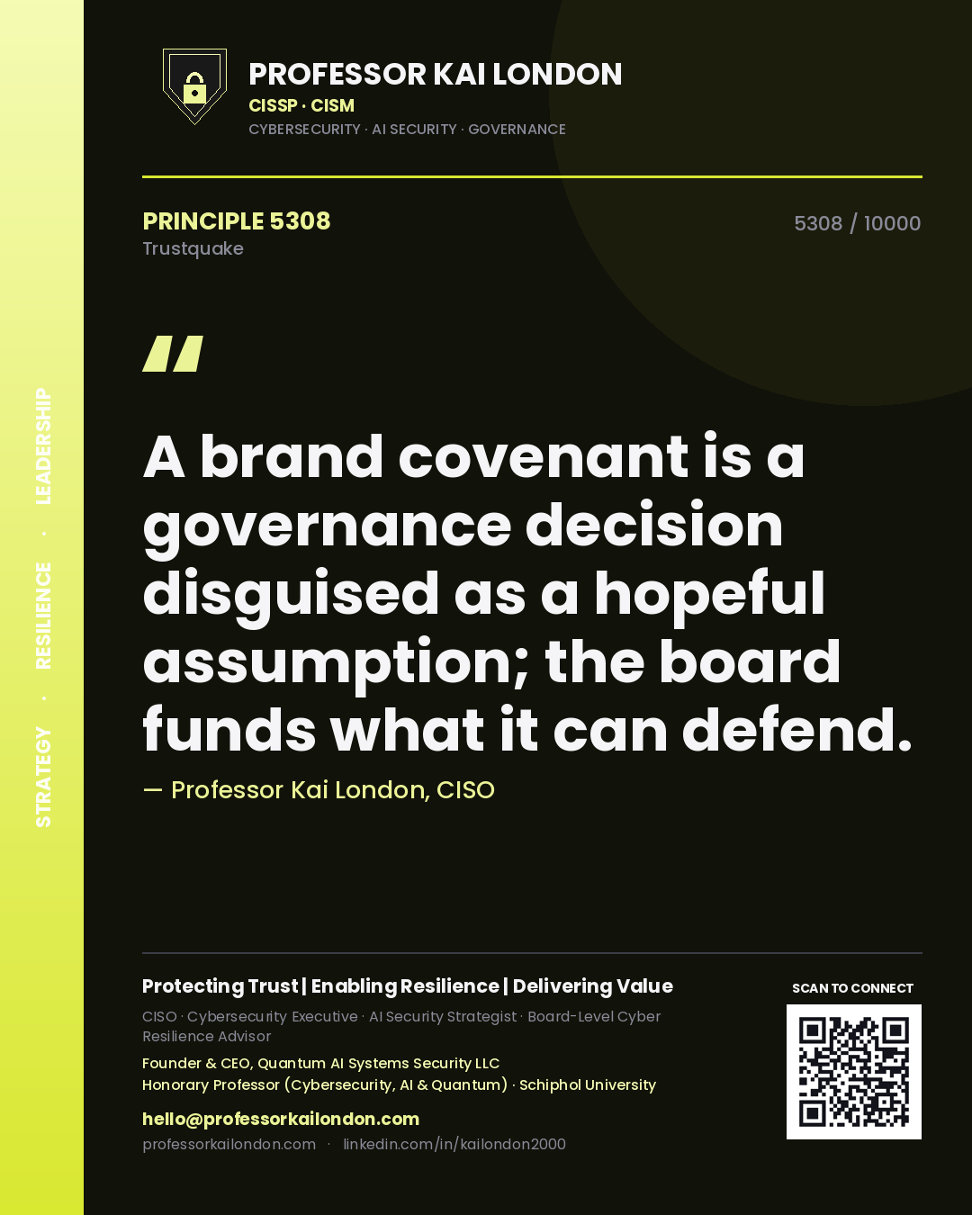 Professor Kai London principle 5308: A brand covenant is a governance decision disguised as a hopeful assumption; the board funds what it can defend.