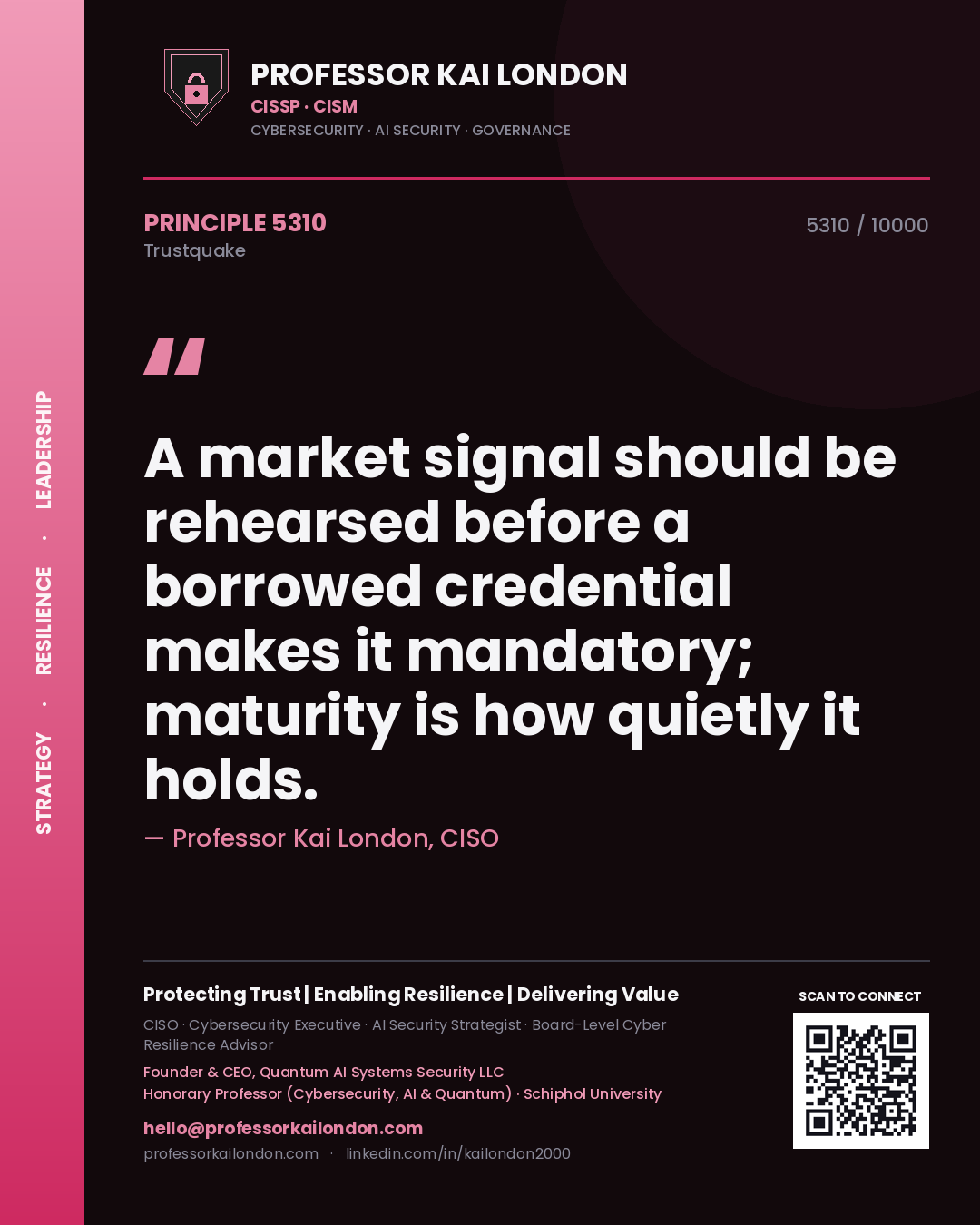 Quote card by Professor Kai London reading 'A market signal should be rehearsed before a borrowed credential makes it mandatory; maturity is how quietly it holds.'. From the book Trustquake.