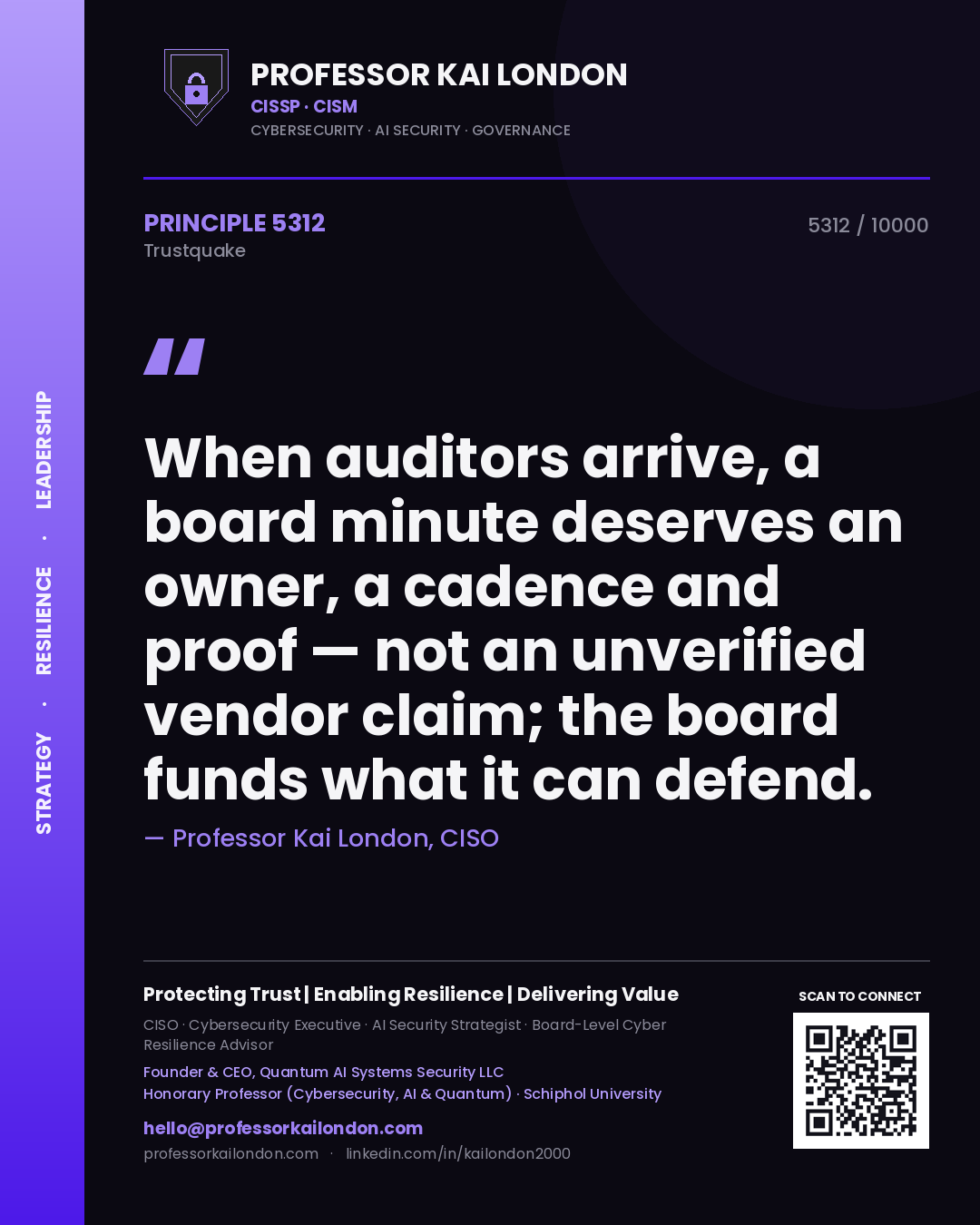 Quote card by Professor Kai London reading 'When auditors arrive, a board minute deserves an owner, a cadence and proof — not an unverified vendor claim; the board funds what it can defend.'. From the book Trustquake.