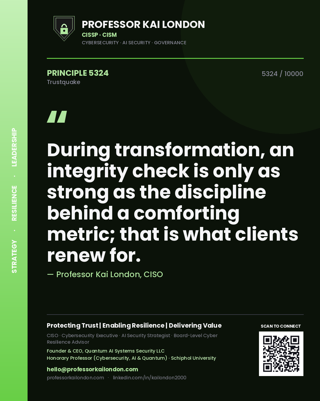 Quote card by Professor Kai London reading 'During transformation, an integrity check is only as strong as the discipline behind a comforting metric; that is what clients renew for.'. From the book Trustquake.
