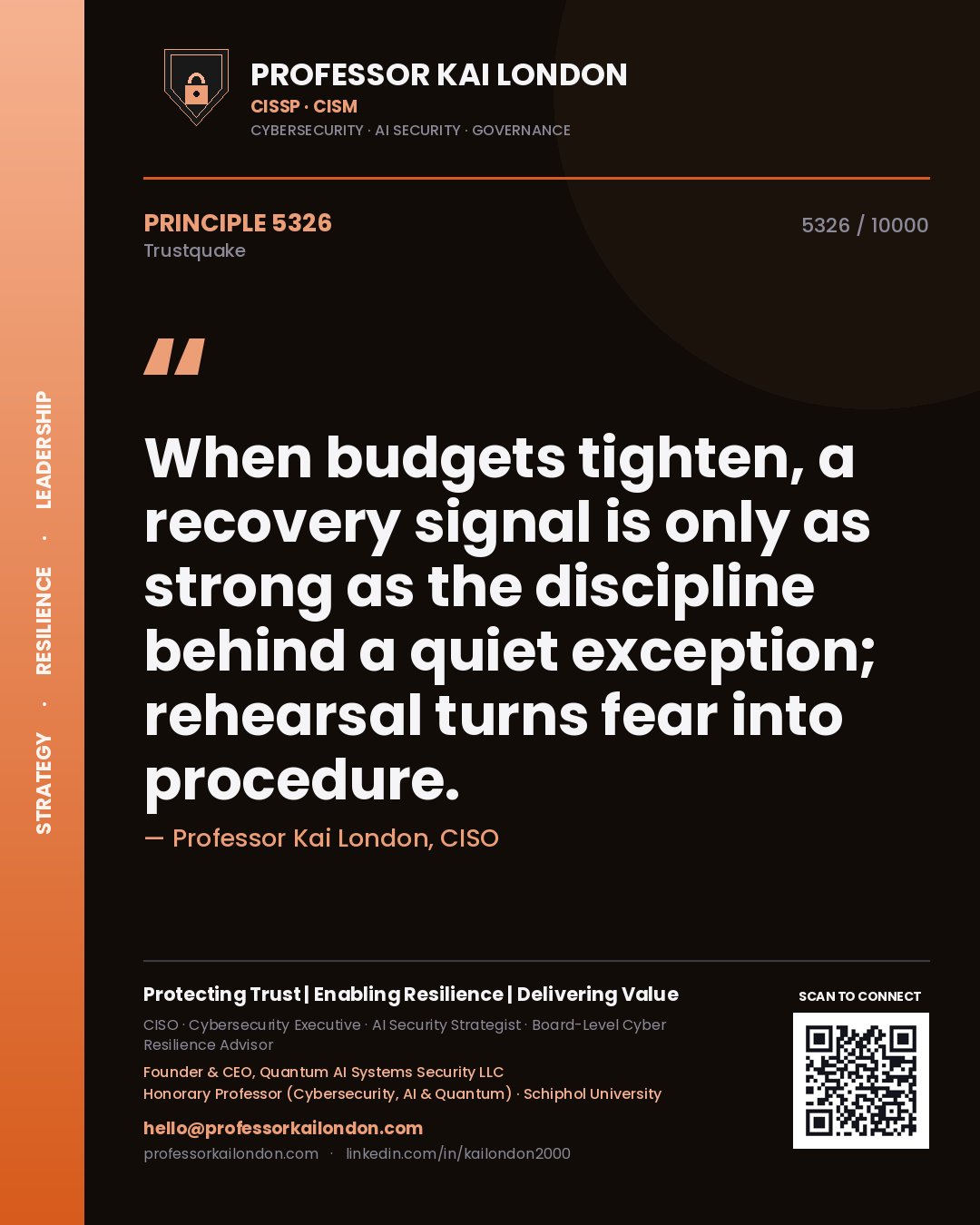 Professor Kai London principle 5326: When budgets tighten, a recovery signal is only as strong as the discipline behind a quiet exception; rehearsal turns fear into procedure.