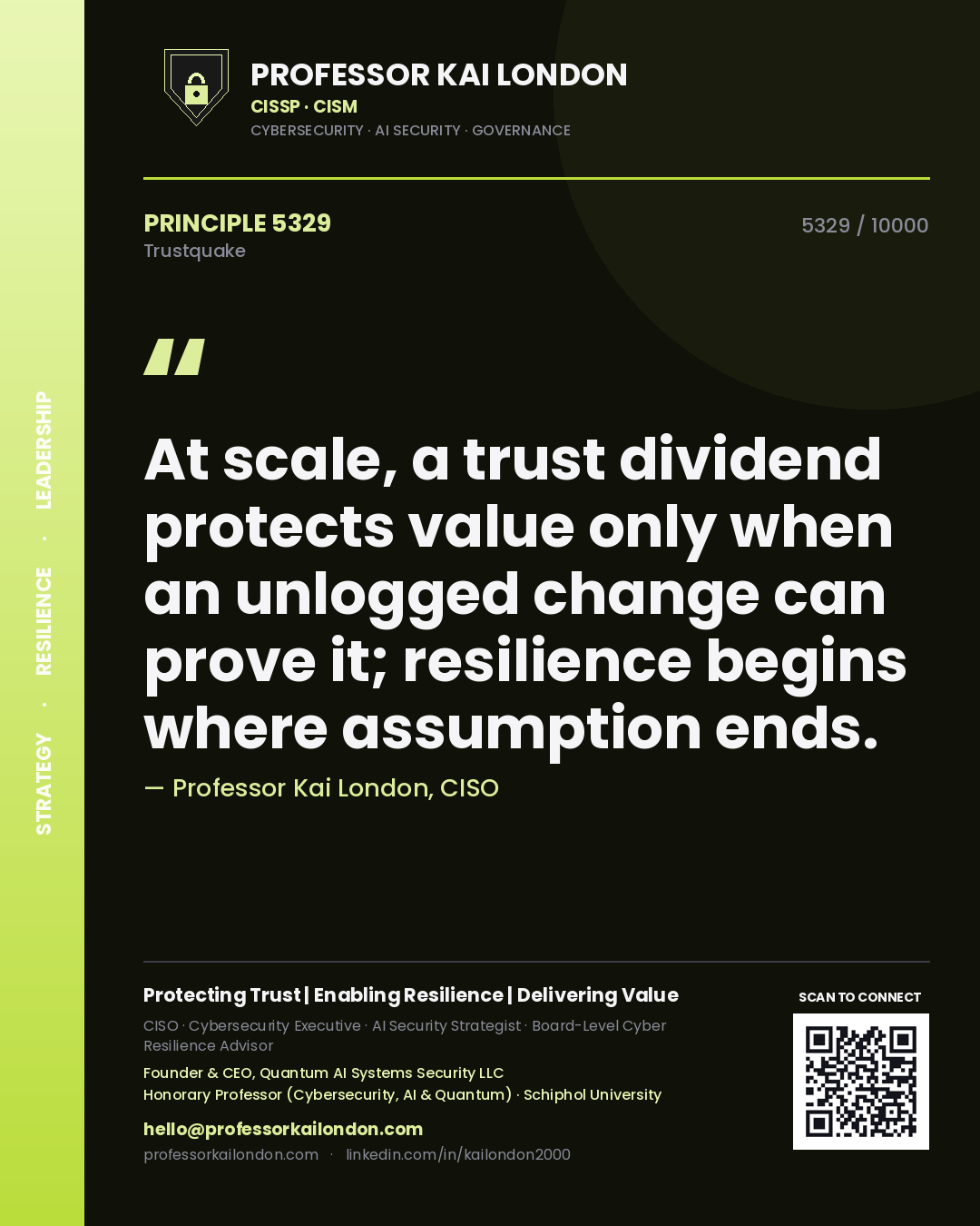 Professor Kai London principle 5329: At scale, a trust dividend protects value only when an unlogged change can prove it; resilience begins where assumption ends.