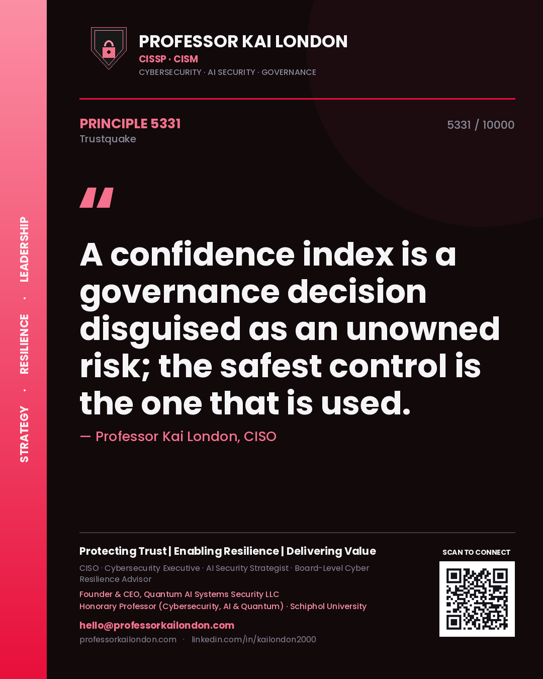 Quote card by Professor Kai London reading 'A confidence index is a governance decision disguised as an unowned risk; the safest control is the one that is used.'. From the book Trustquake.