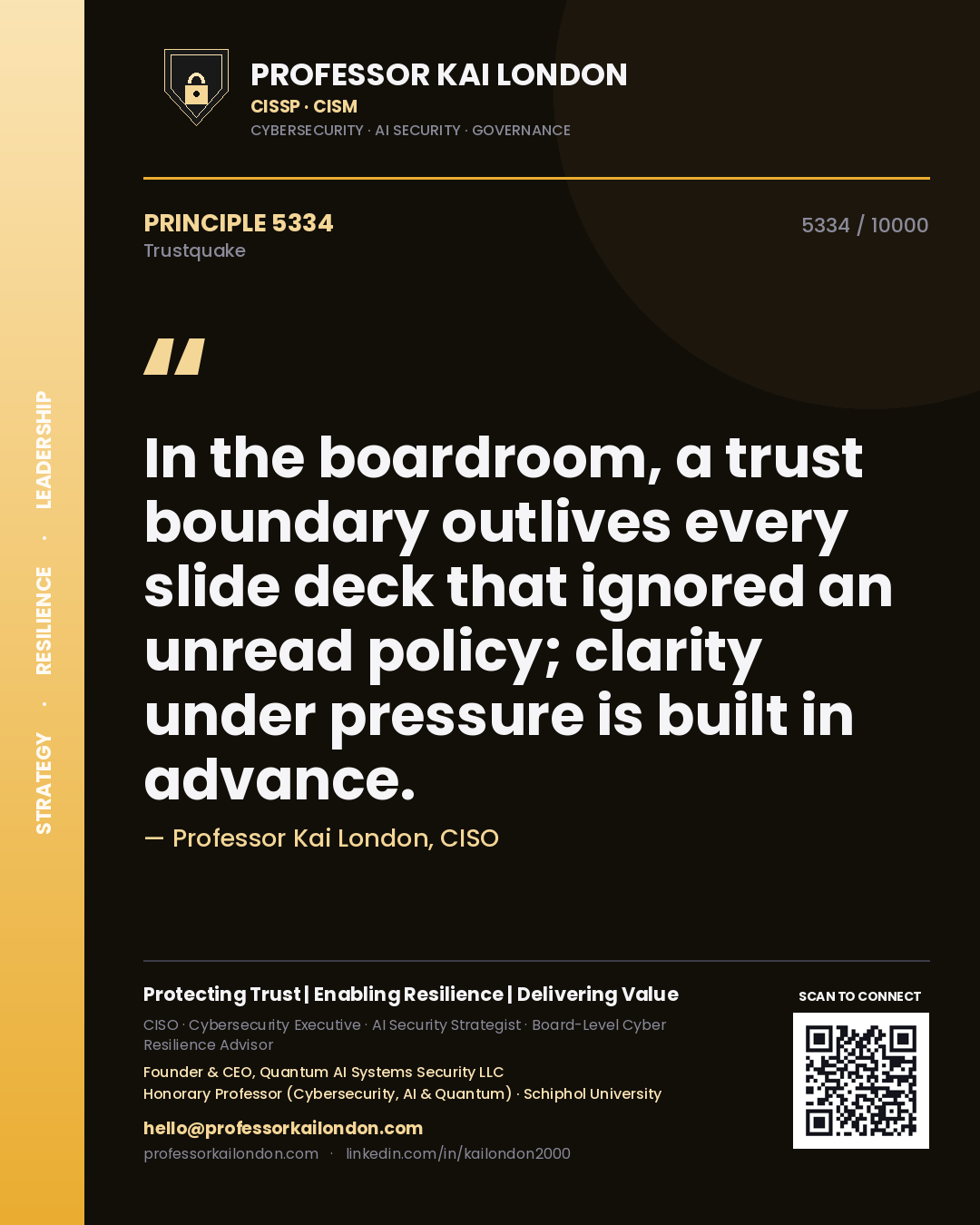 Professor Kai London principle 5334: In the boardroom, a trust boundary outlives every slide deck that ignored an unread policy; clarity under pressure is built in advance.