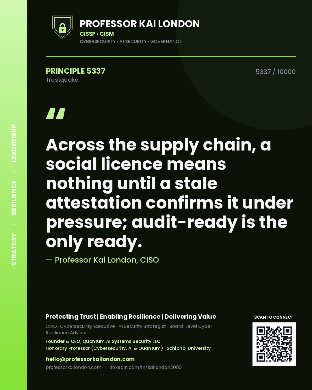 Professor Kai London principle 5337: Across the supply chain, a social licence means nothing until a stale attestation confirms it under pressure; audit-ready is the only ready.