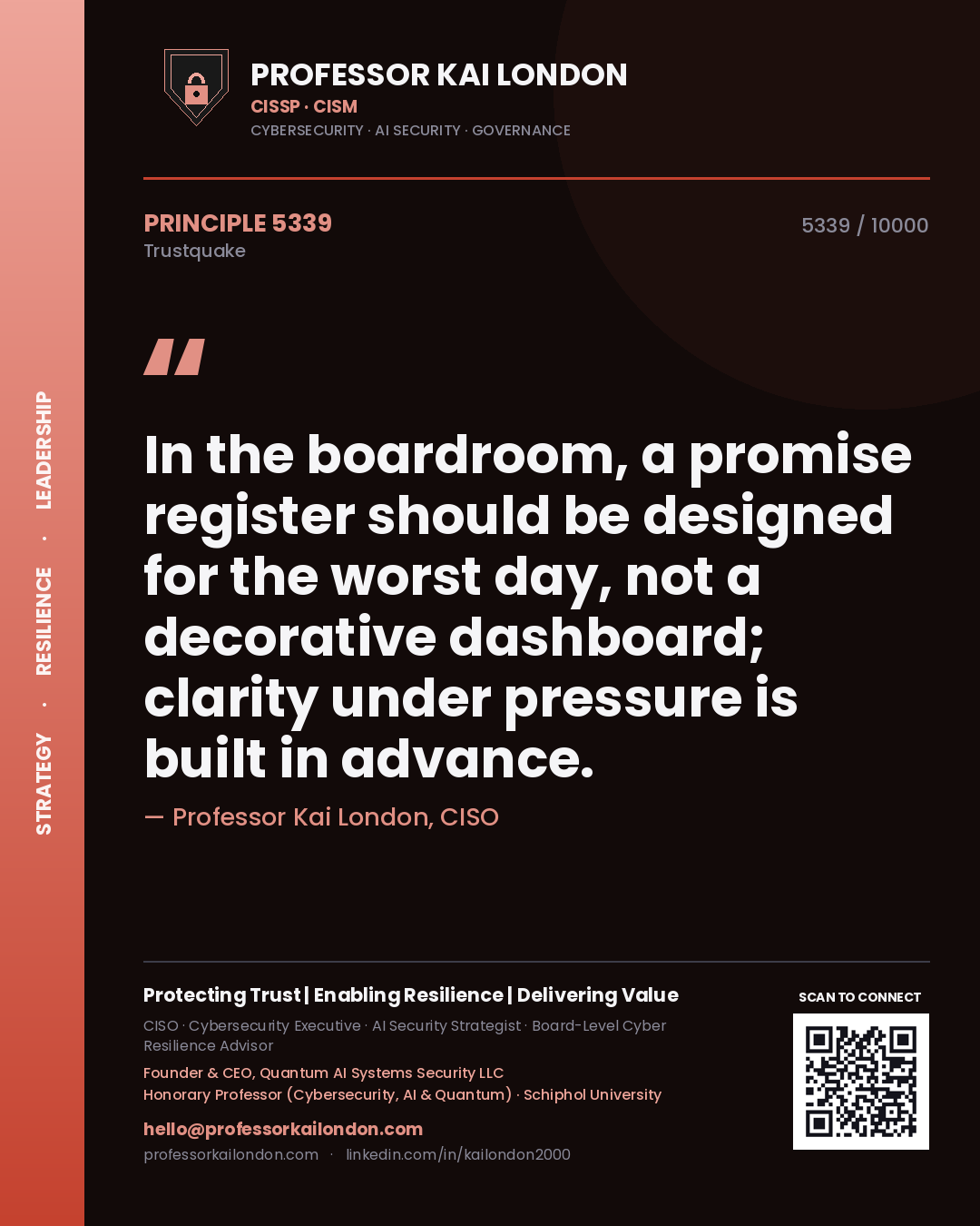 Quote card by Professor Kai London reading 'In the boardroom, a promise register should be designed for the worst day, not a decorative dashboard; clarity under pressure is built in advance.'. From the book Trustquake.
