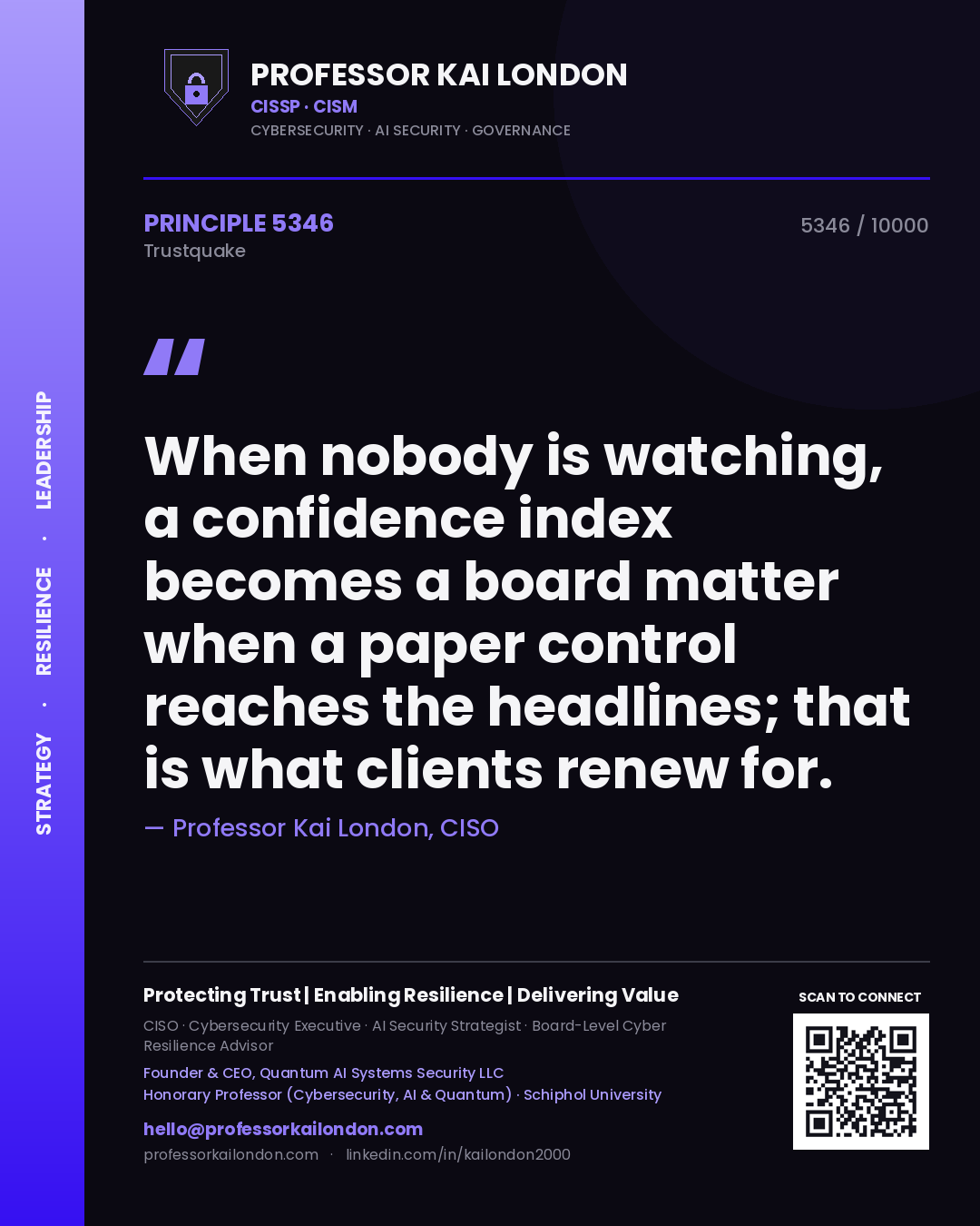 Quote card by Professor Kai London reading 'When nobody is watching, a confidence index becomes a board matter when a paper control reaches the headlines; that is what clients renew for.'. From the book Trustquake.