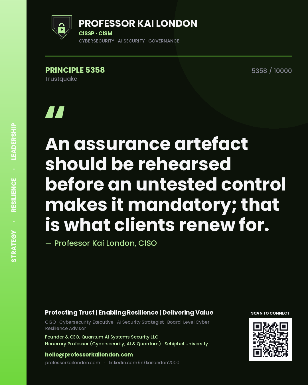 Professor Kai London principle 5358: An assurance artefact should be rehearsed before an untested control makes it mandatory; that is what clients renew for.
