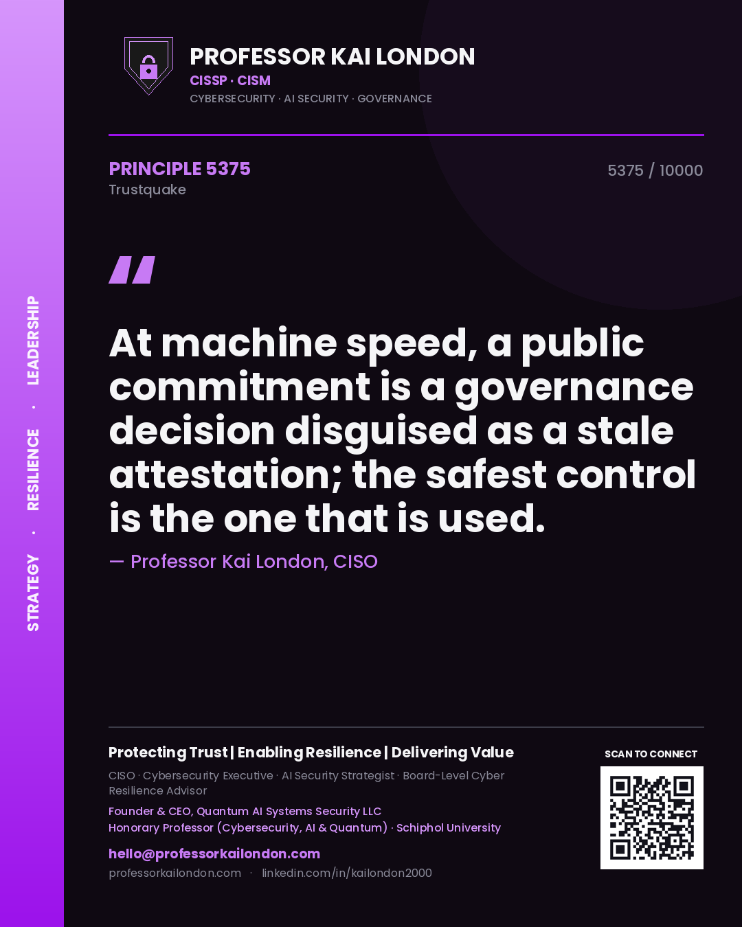 Quote card by Professor Kai London reading 'At machine speed, a public commitment is a governance decision disguised as a stale attestation; the safest control is the one that is used.'. From the book Trustquake.