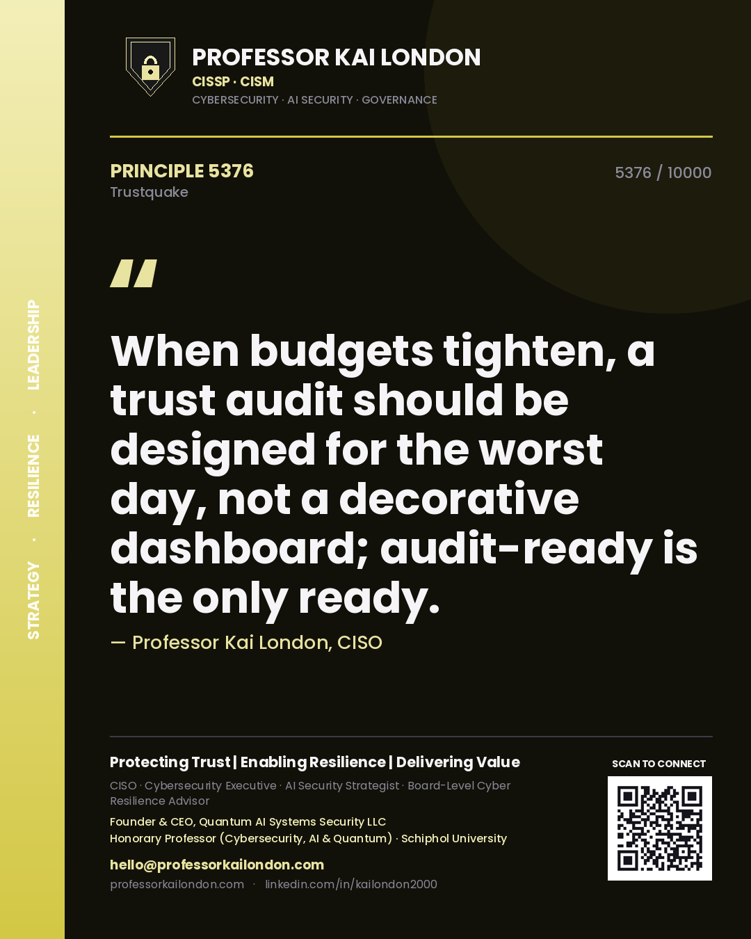 Quote card by Professor Kai London reading 'When budgets tighten, a trust audit should be designed for the worst day, not a decorative dashboard; audit-ready is the only ready.'. From the book Trustquake.