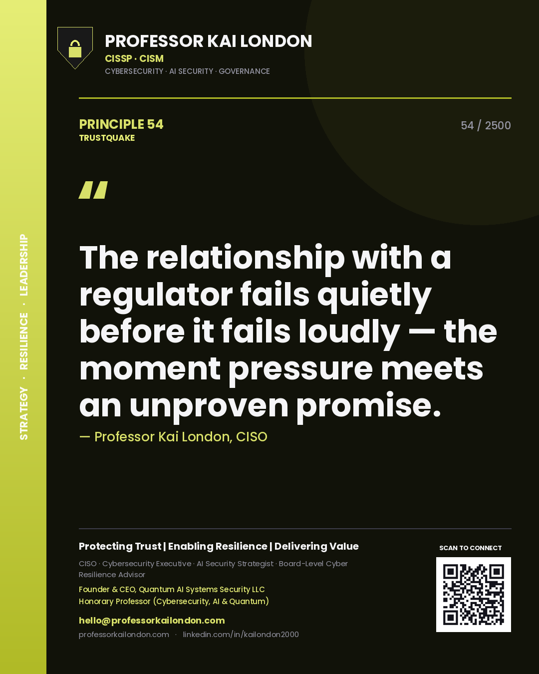 Professor Kai London principle 54: The relationship with a regulator fails quietly before it fails loudly — the moment pressure meets an unproven promise.