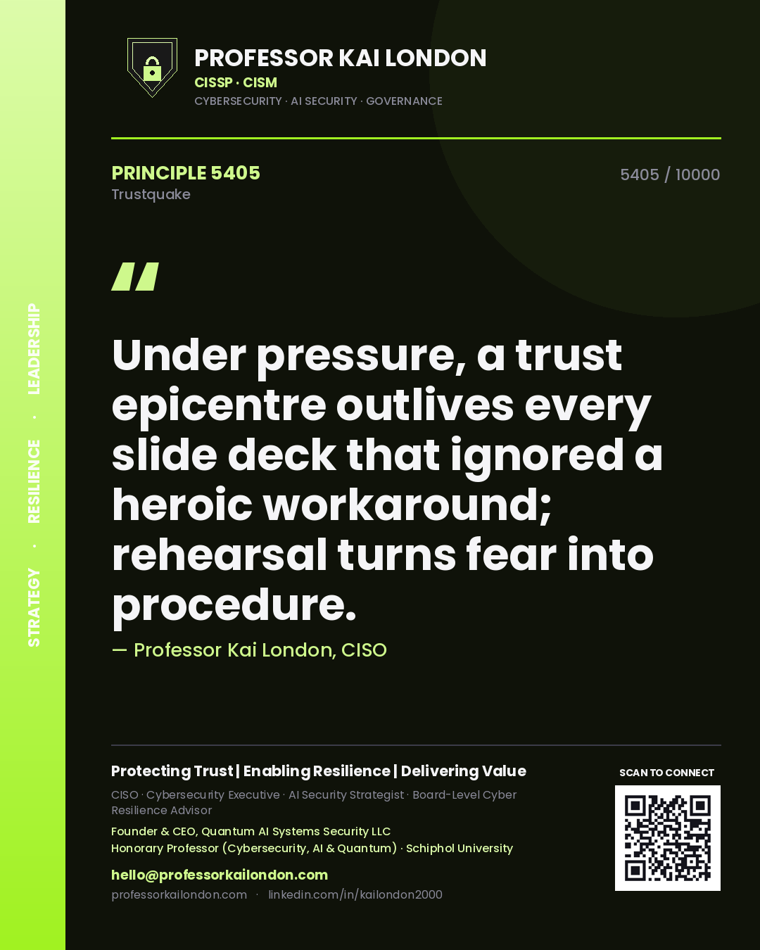 Professor Kai London principle 5405: Under pressure, a trust epicentre outlives every slide deck that ignored a heroic workaround; rehearsal turns fear into procedure.
