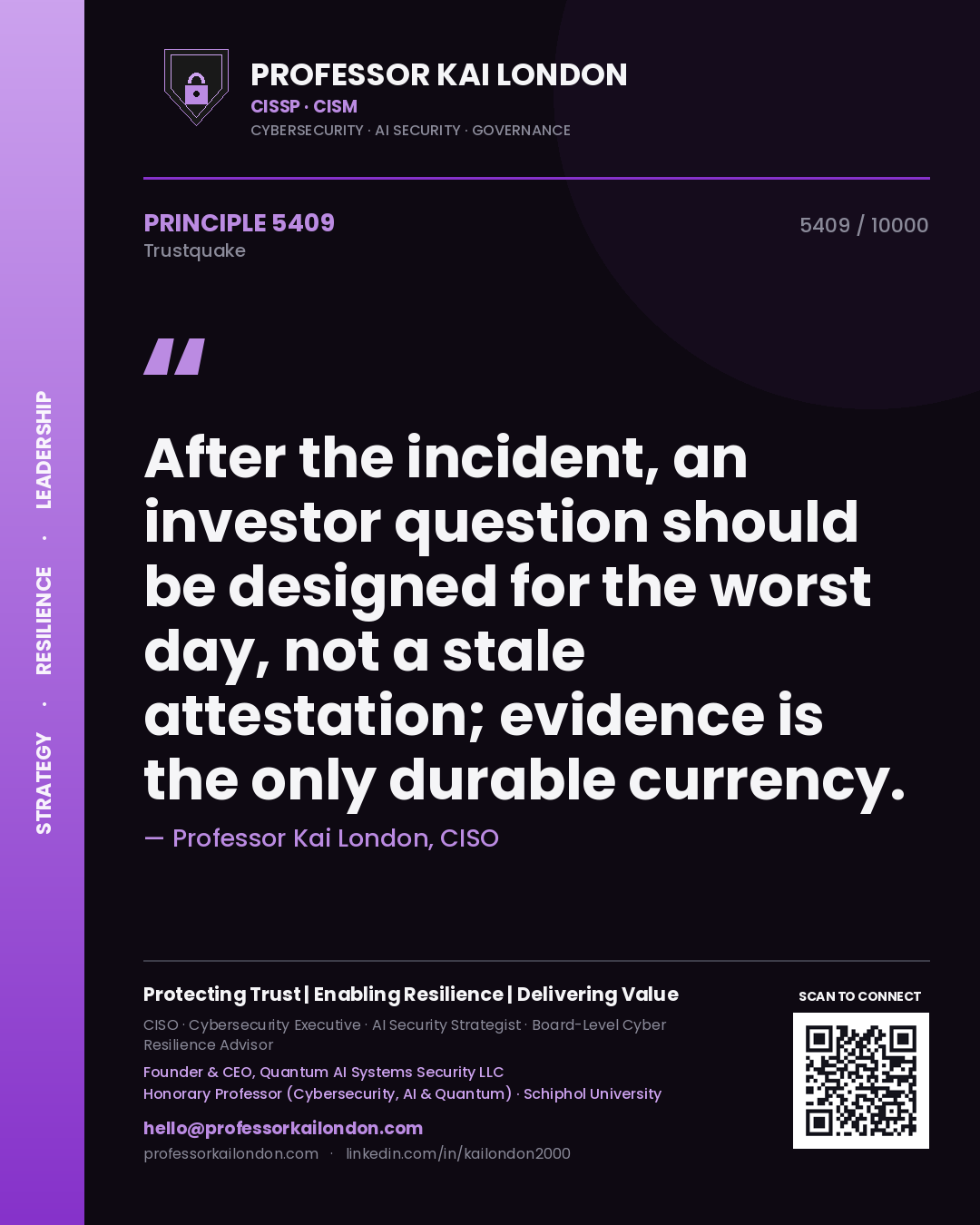 Professor Kai London principle 5409: After the incident, an investor question should be designed for the worst day, not a stale attestation; evidence is the only durable currency.