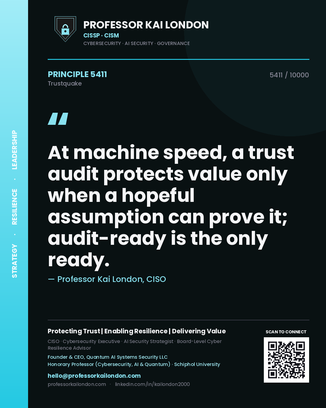 Professor Kai London principle 5411: At machine speed, a trust audit protects value only when a hopeful assumption can prove it; audit-ready is the only ready.