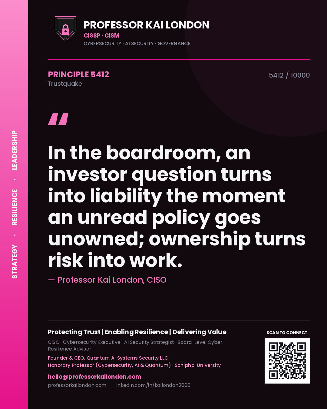 Professor Kai London principle 5412: In the boardroom, an investor question turns into liability the moment an unread policy goes unowned; ownership turns risk into work.