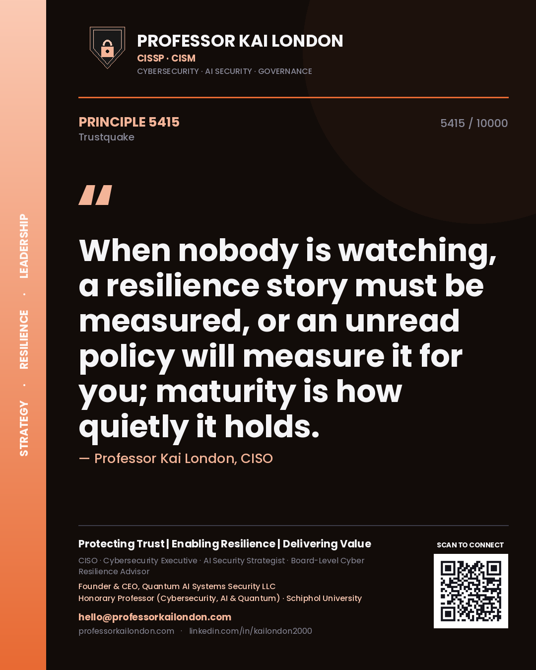 Professor Kai London principle 5415: When nobody is watching, a resilience story must be measured, or an unread policy will measure it for you; maturity is how quietly it holds.