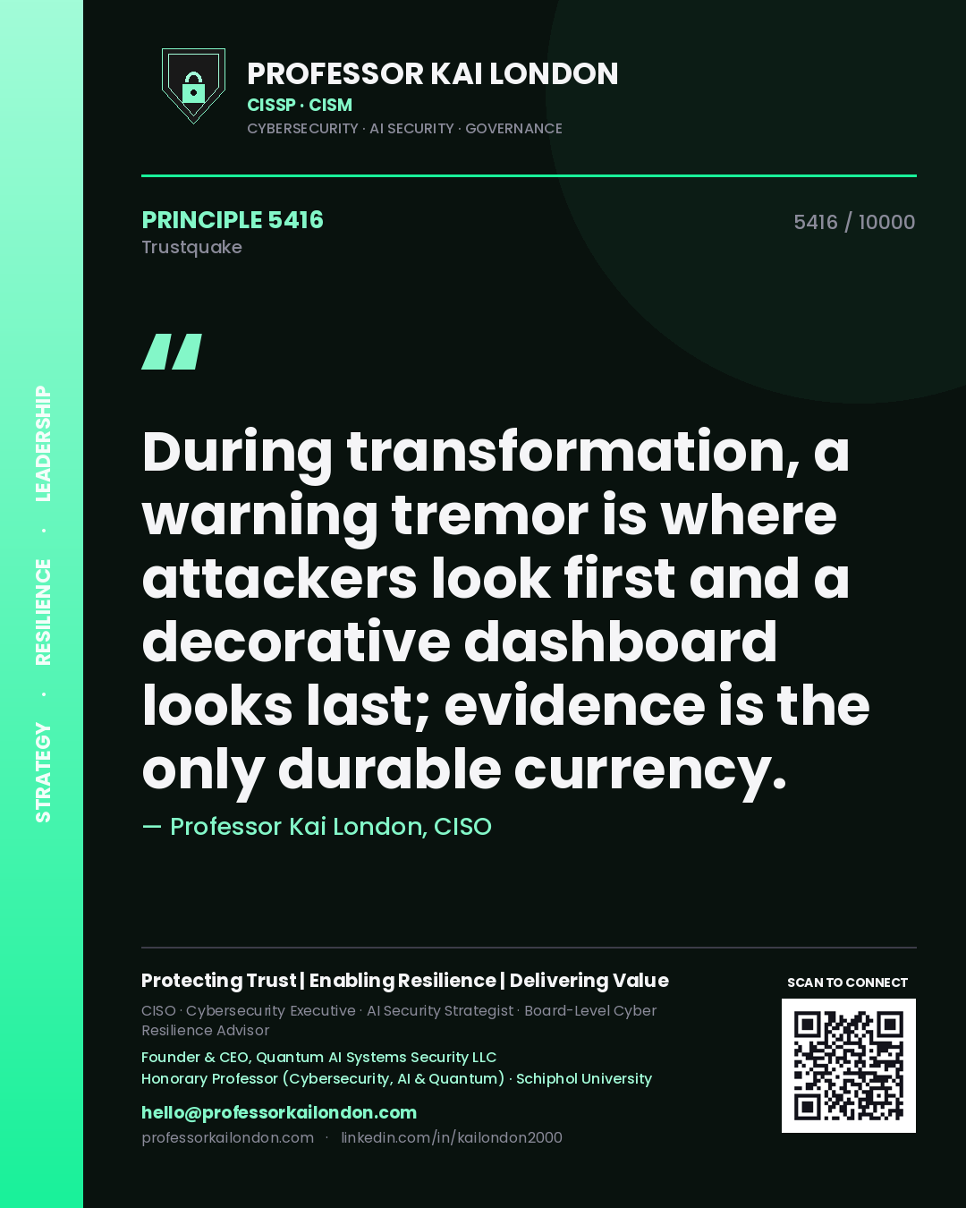Professor Kai London principle 5416: During transformation, a warning tremor is where attackers look first and a decorative dashboard looks last; evidence is the only durable currency.