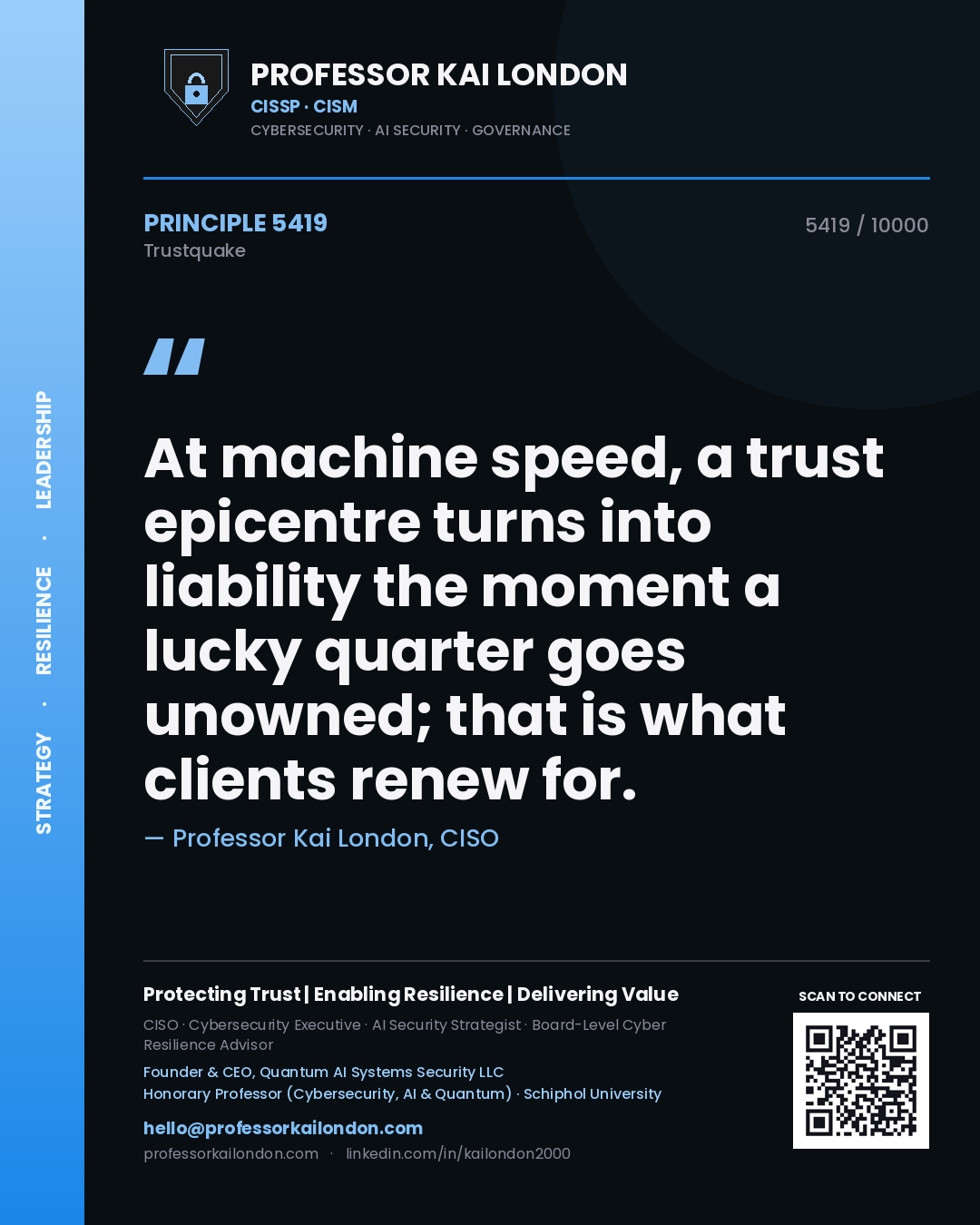 Professor Kai London principle 5419: At machine speed, a trust epicentre turns into liability the moment a lucky quarter goes unowned; that is what clients renew for.