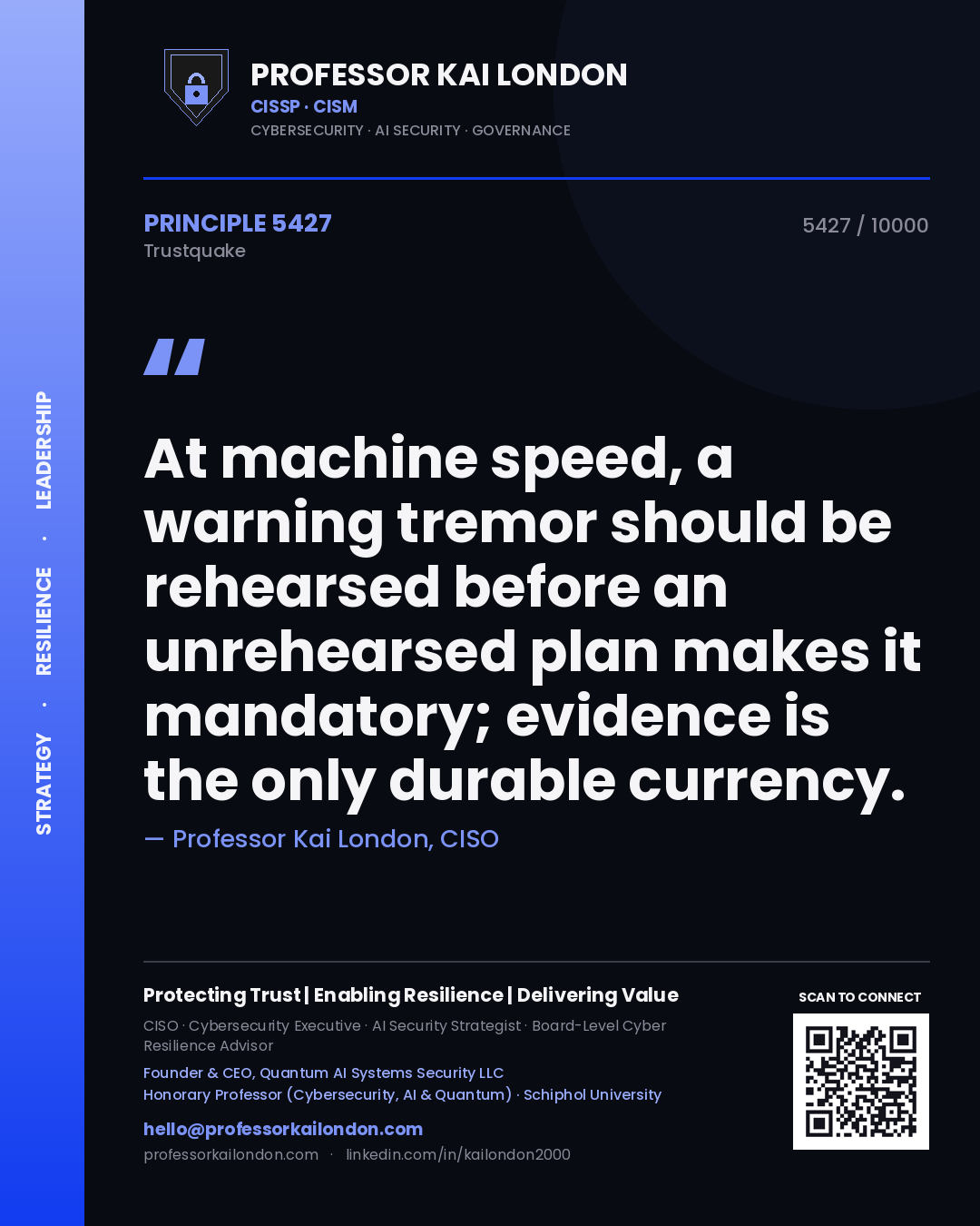 Quote card by Professor Kai London reading 'At machine speed, a warning tremor should be rehearsed before an unrehearsed plan makes it mandatory; evidence is the only durable currency.'. From the book Trustquake.