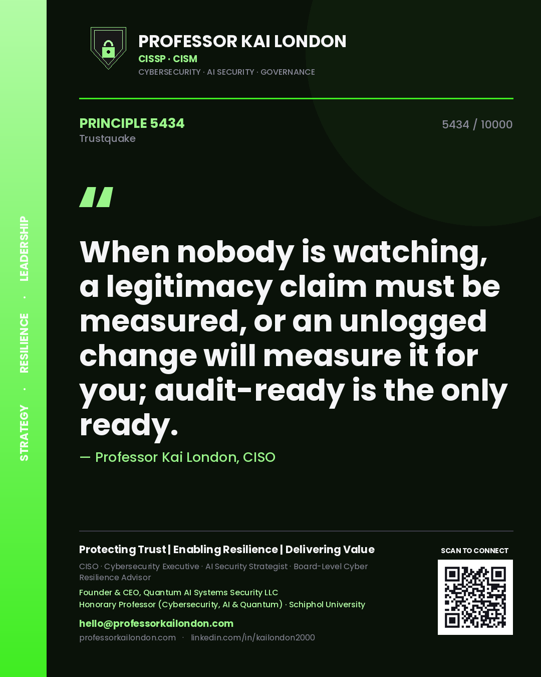 Quote card by Professor Kai London reading 'When nobody is watching, a legitimacy claim must be measured, or an unlogged change will measure it for you; audit-ready is the only ready.'. From the book Trustquake.