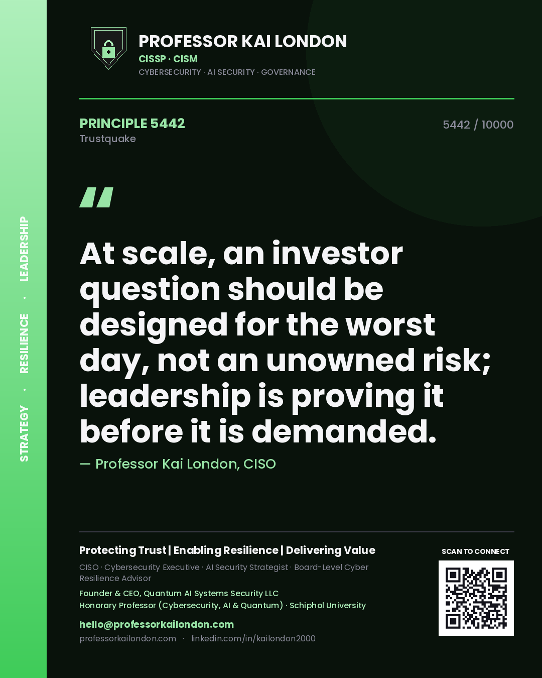 Professor Kai London principle 5442: At scale, an investor question should be designed for the worst day, not an unowned risk; leadership is proving it before it is demanded.