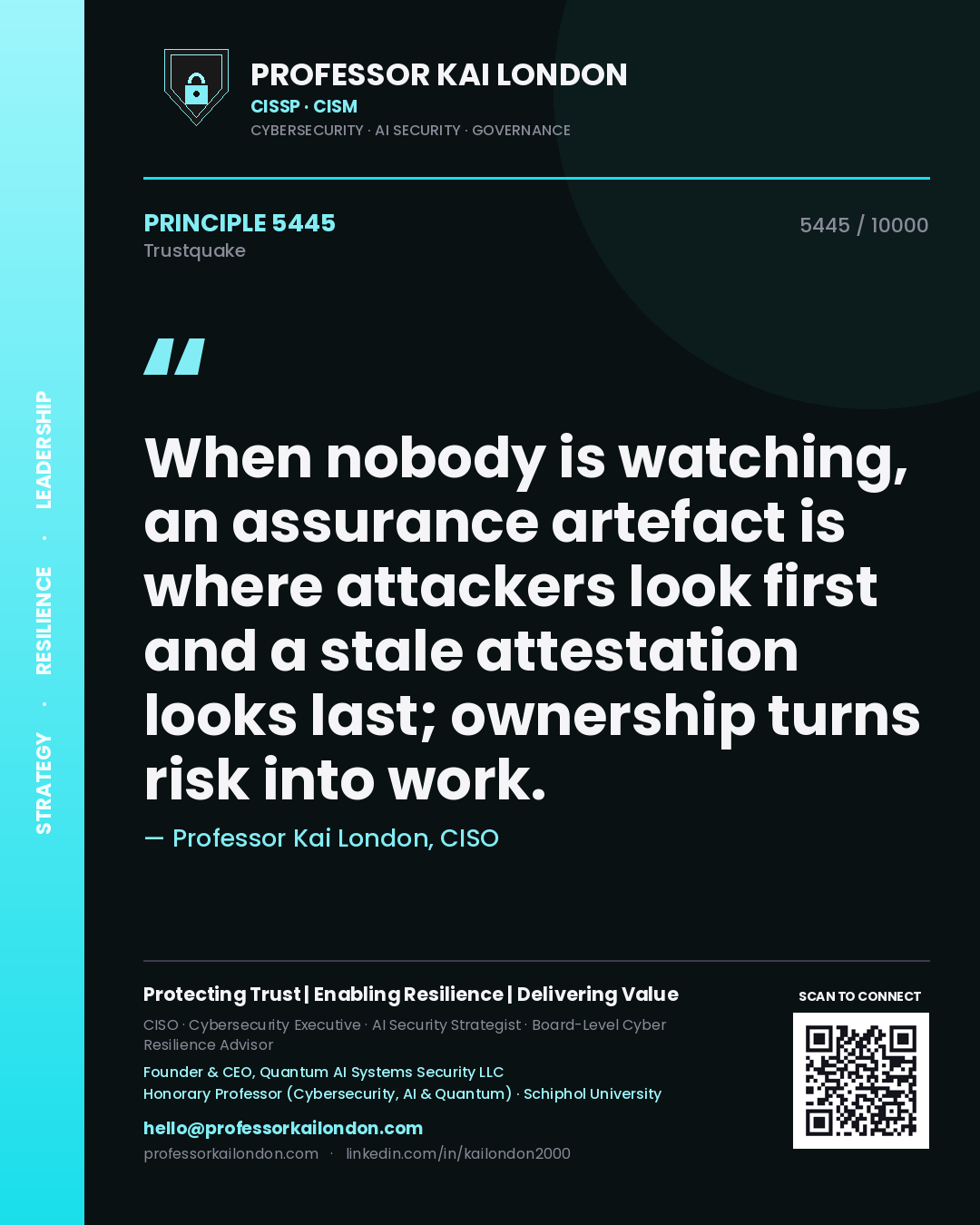 Professor Kai London principle 5445: When nobody is watching, an assurance artefact is where attackers look first and a stale attestation looks last; ownership turns risk into work.