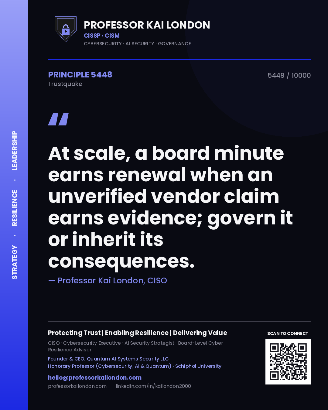 Professor Kai London principle 5448: At scale, a board minute earns renewal when an unverified vendor claim earns evidence; govern it or inherit its consequences.