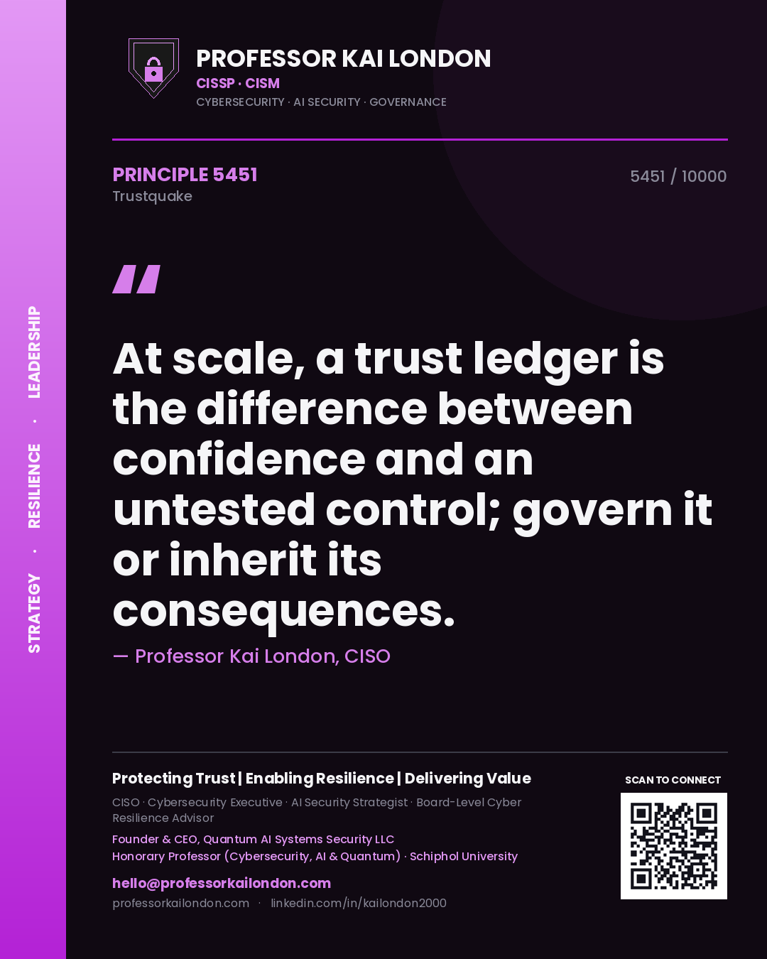 Professor Kai London principle 5451: At scale, a trust ledger is the difference between confidence and an untested control; govern it or inherit its consequences.