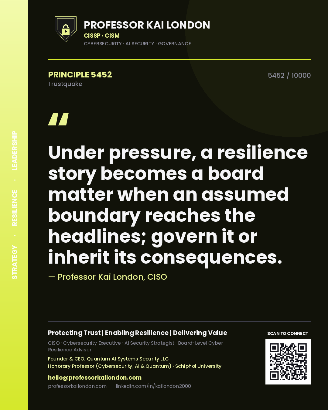 Professor Kai London principle 5452: Under pressure, a resilience story becomes a board matter when an assumed boundary reaches the headlines; govern it or inherit its consequences.