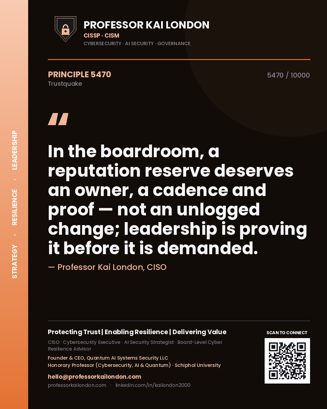 Professor Kai London principle 5470: In the boardroom, a reputation reserve deserves an owner, a cadence and proof — not an unlogged change; leadership is proving it before it is demanded.